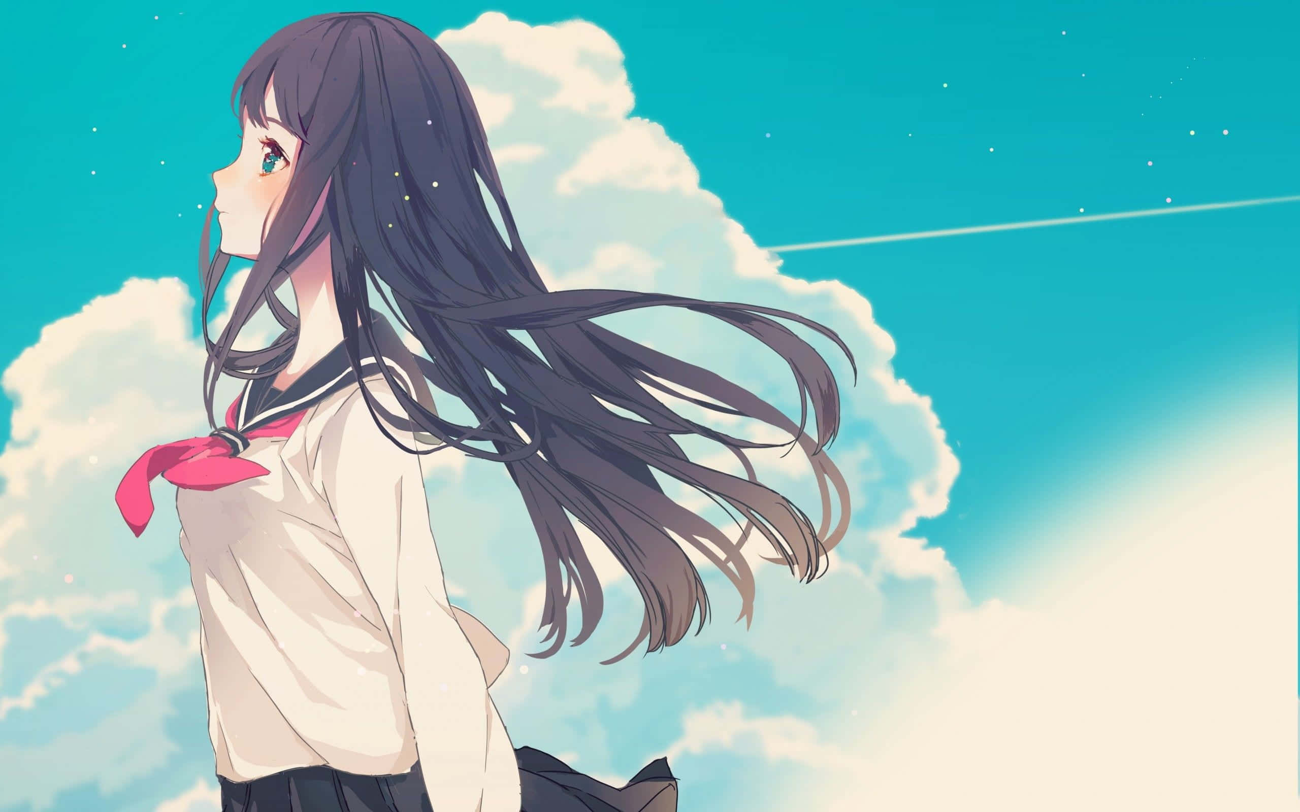 動漫女孩 桌布 壁紙 — 長黑髮粉紅蝴蝶結的動漫女孩，側面站在有蓬鬆雲朵的明亮藍天下。