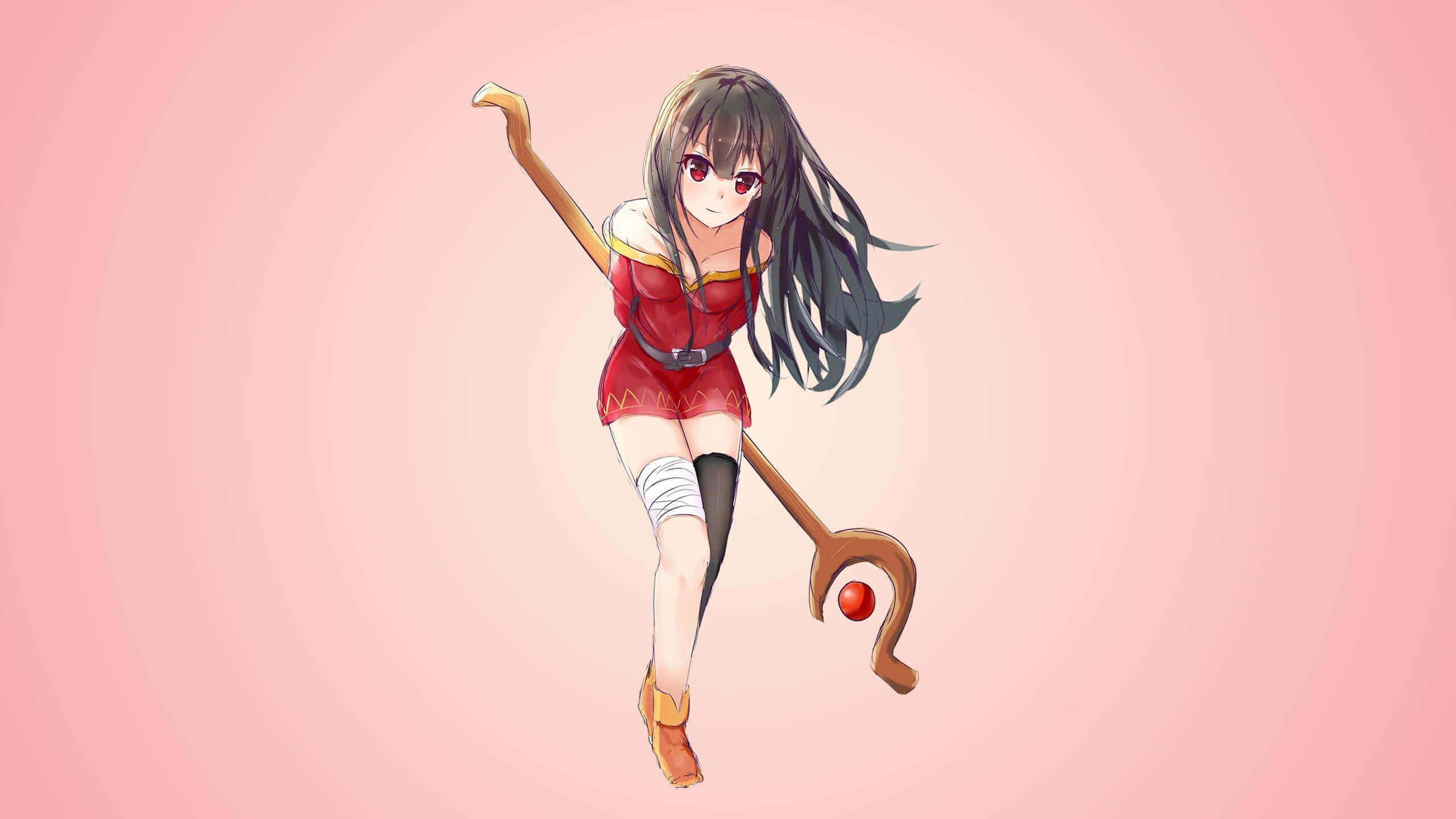 Konosuba 桌布 壁紙 — 長黑髮紅眼動漫女孩，在柔和粉紅漸層背景上，動態跳躍，手持彎曲法杖。