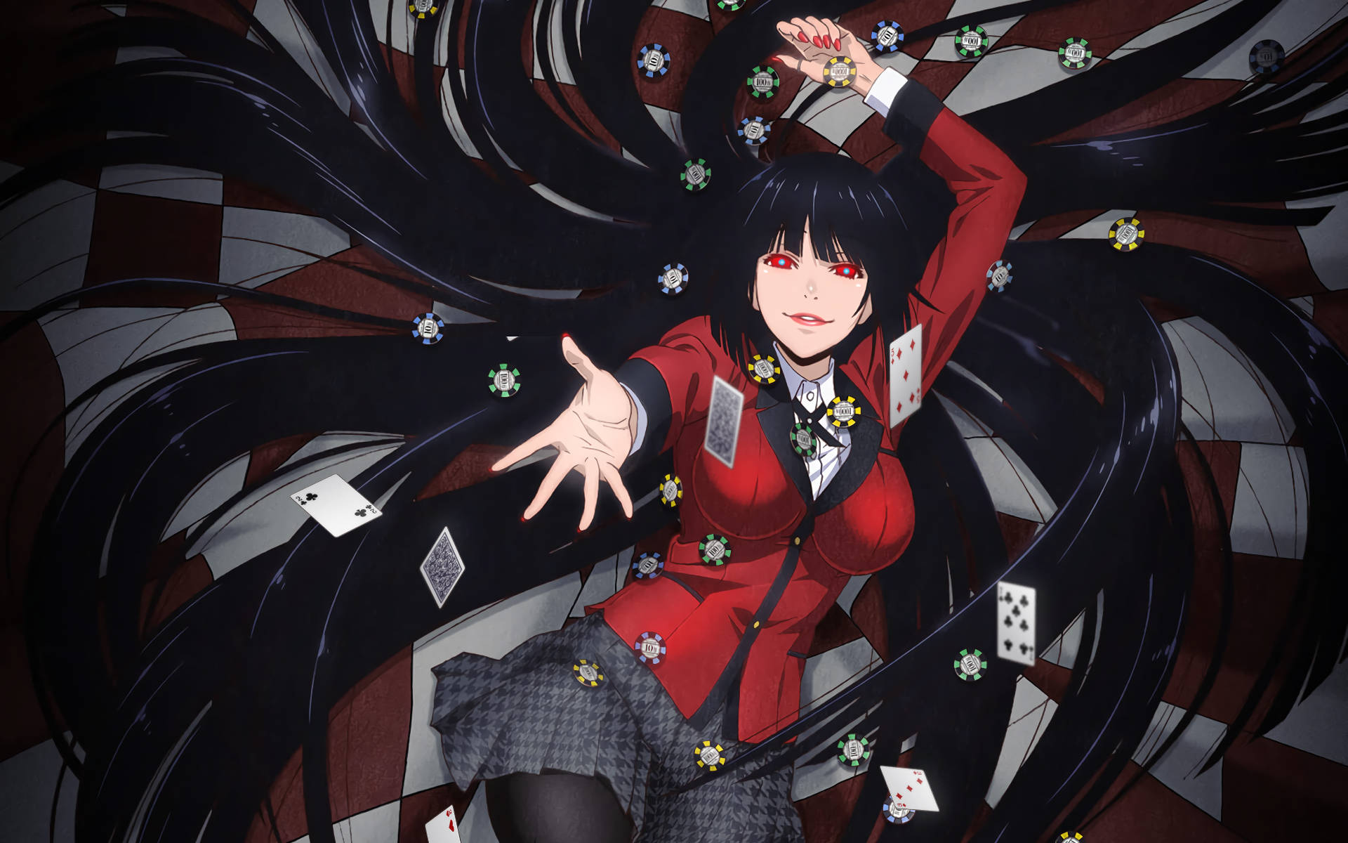 Kakegurui 桌布 壁紙 — 長黑髮紅眼動漫女孩，身穿紅色西裝外套，被漂浮的撲克牌和籌碼包圍。