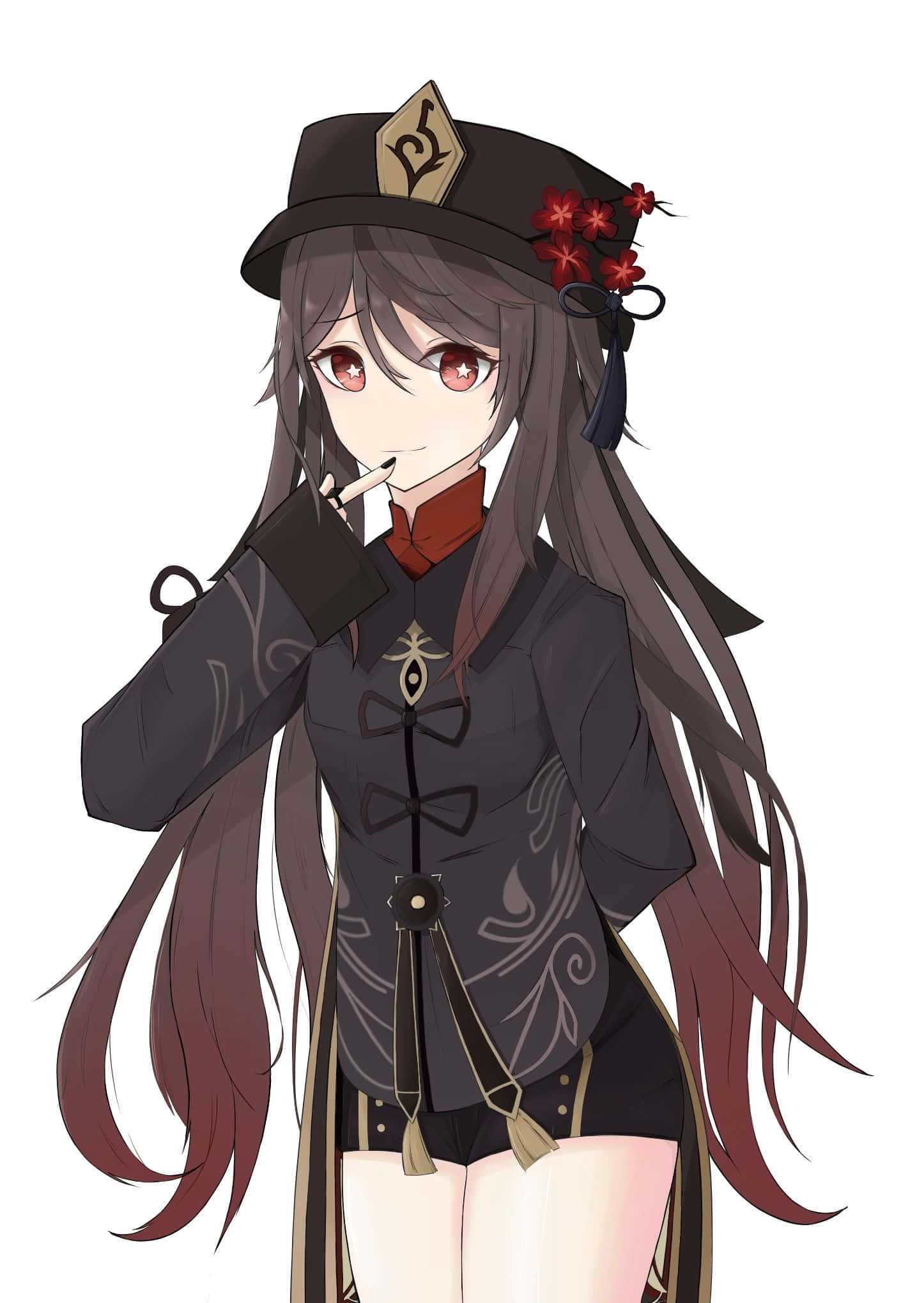 胡桃 桌布 壁紙 — 長黑髮紅眼動漫少女，戴著飾有紅花的黑色帽子，在白色背景前抽煙。
