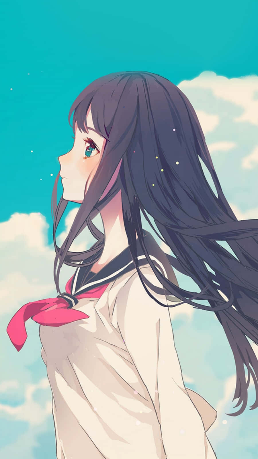 動漫 桌布 壁紙 — 長黑髮紅蝴蝶結的動漫女孩仰望藍綠色天空，天空中有蓬鬆的雲朵。