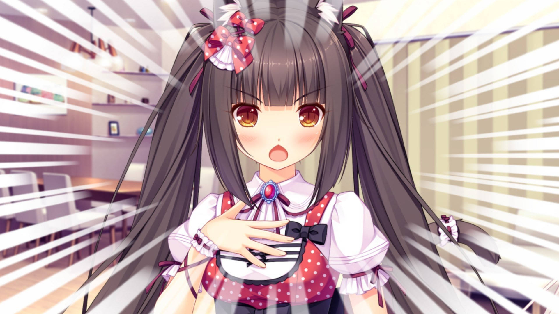 Nekopara 桌布 壁紙 — 長黑髮紅蝴蝶結的動漫少女在咖啡館中露出驚訝表情，帶有條紋光效。