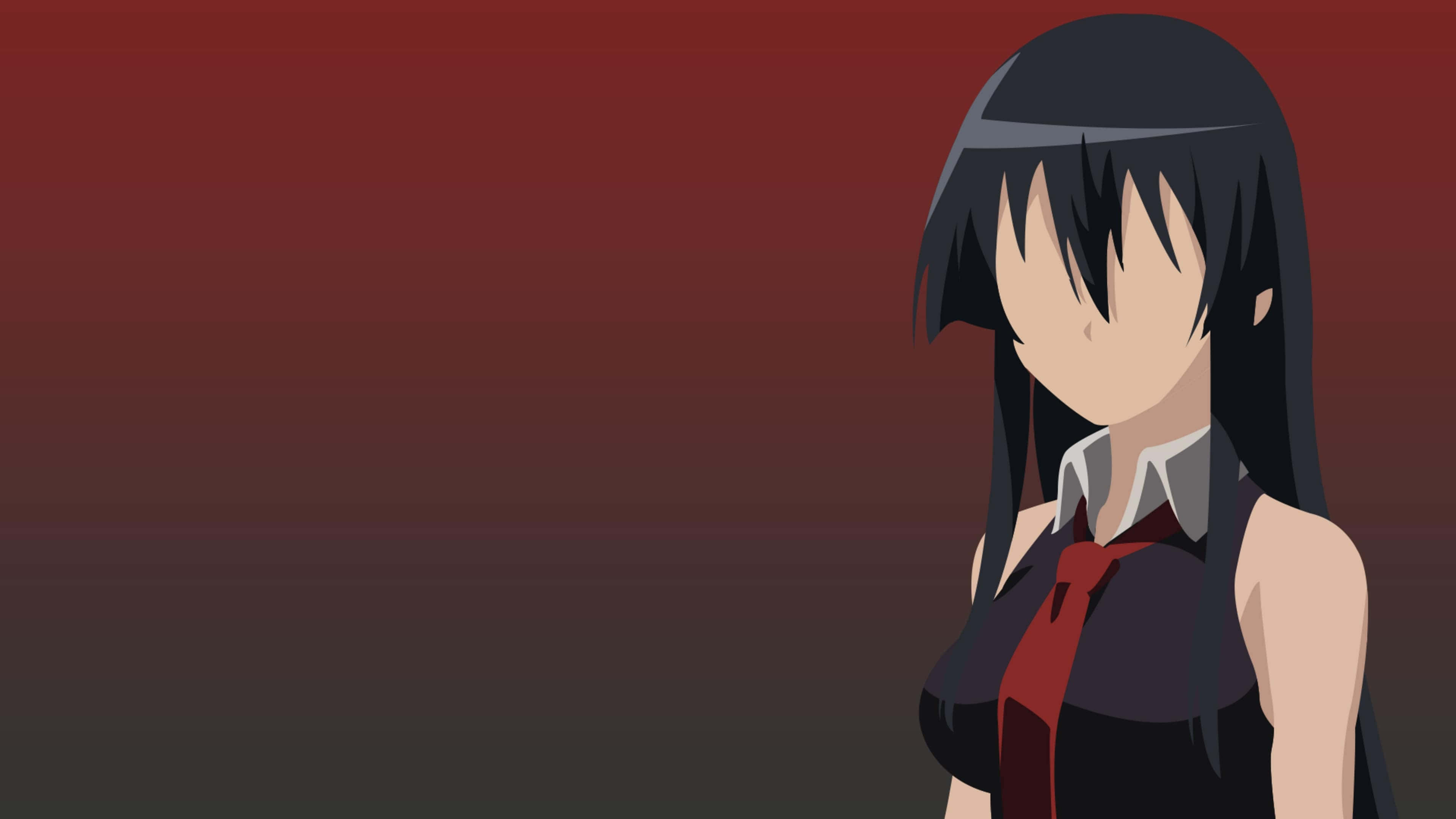 Akame Ga Kill 4K 桌布 壁紙 — 長黑髮紅領帶的動漫女孩站在紅色漸變背景上。