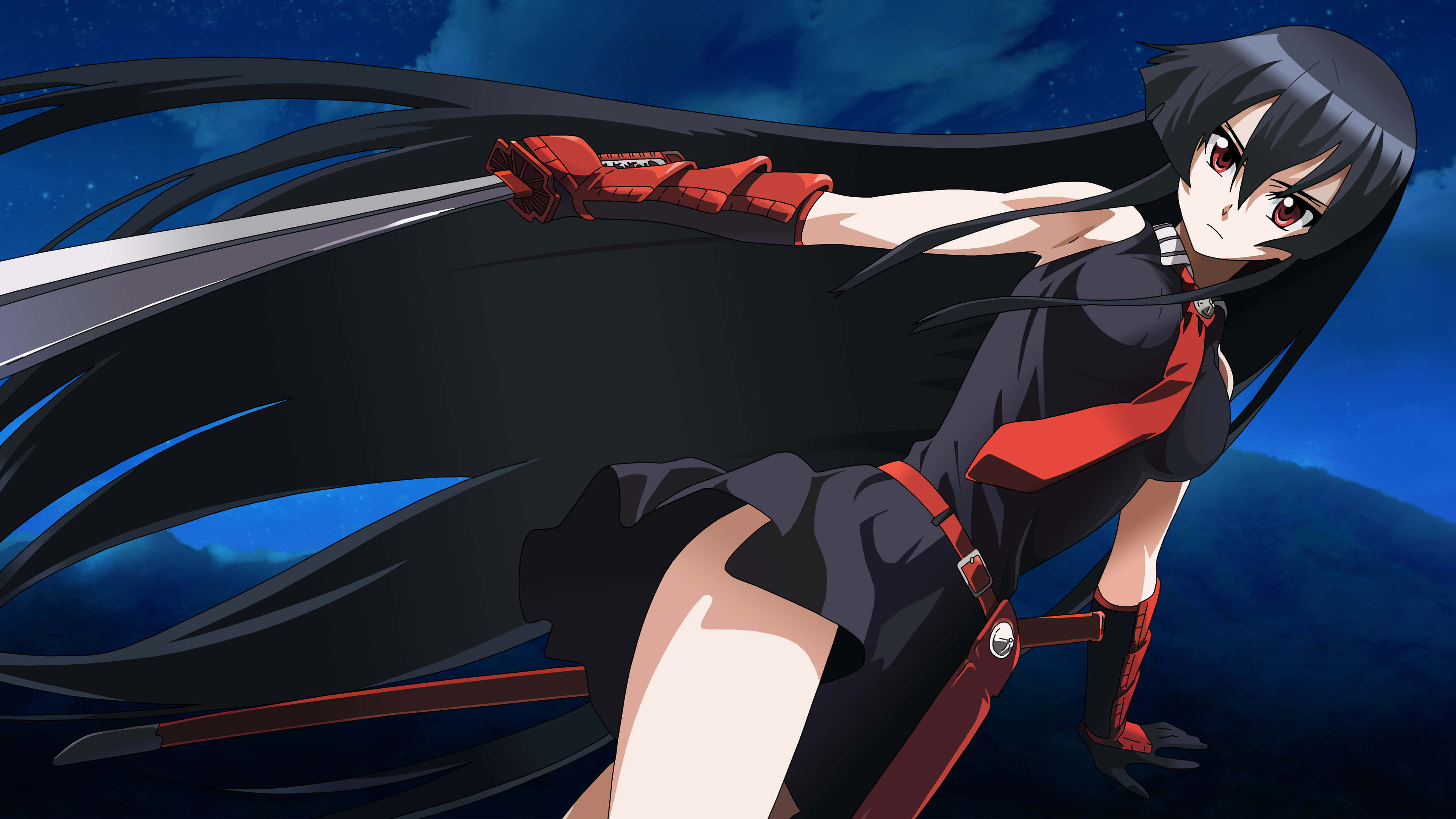 Akame Ga Kill 4K 桌布 壁紙 — 長黑髮紅飾的動漫少女在星空夜幕下揮劍。