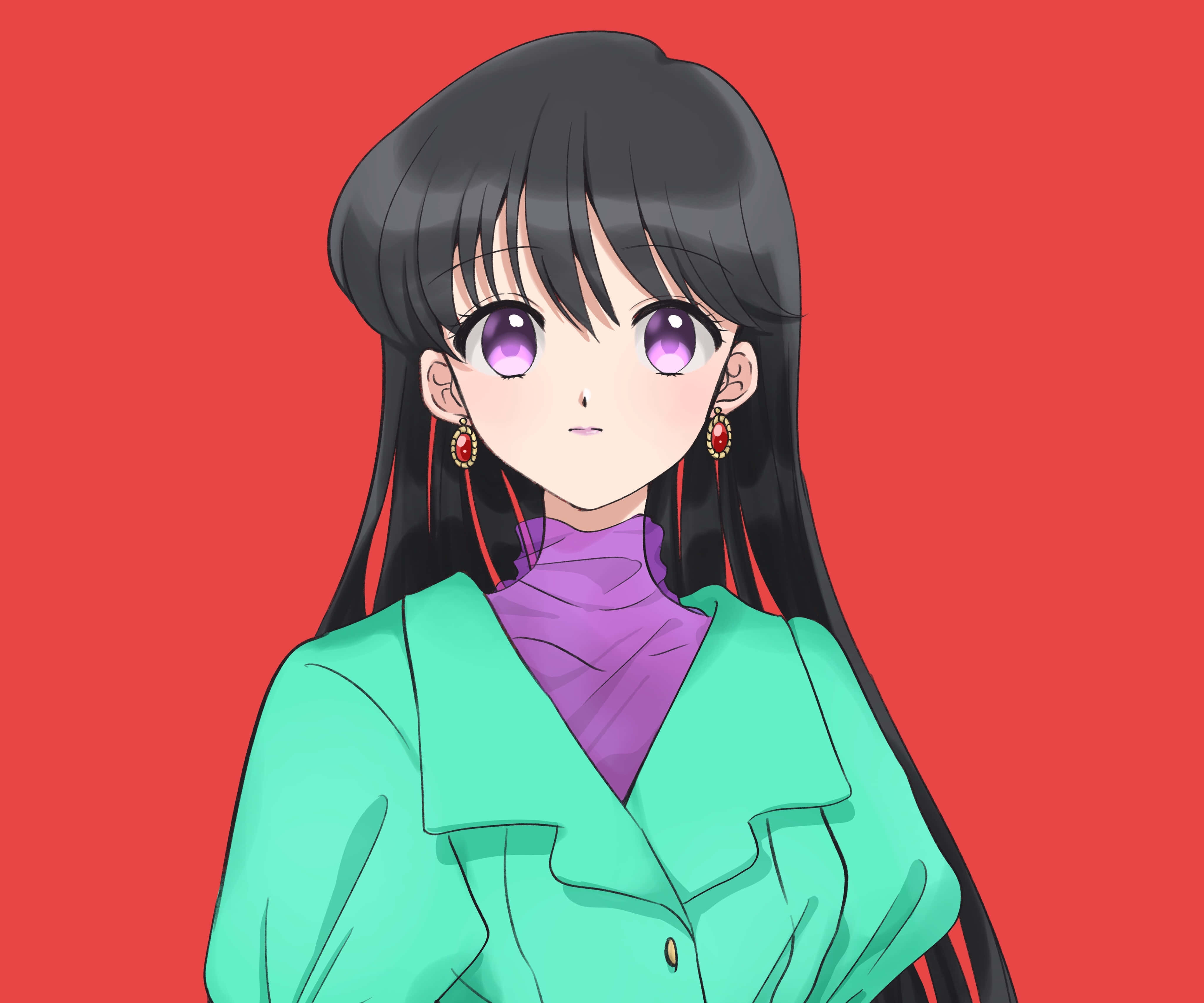 美少女戰士 桌布 壁紙 — 長黑髮紫眼動漫女孩，在純紅背景前，紫色高領毛衣外穿綠色外套。