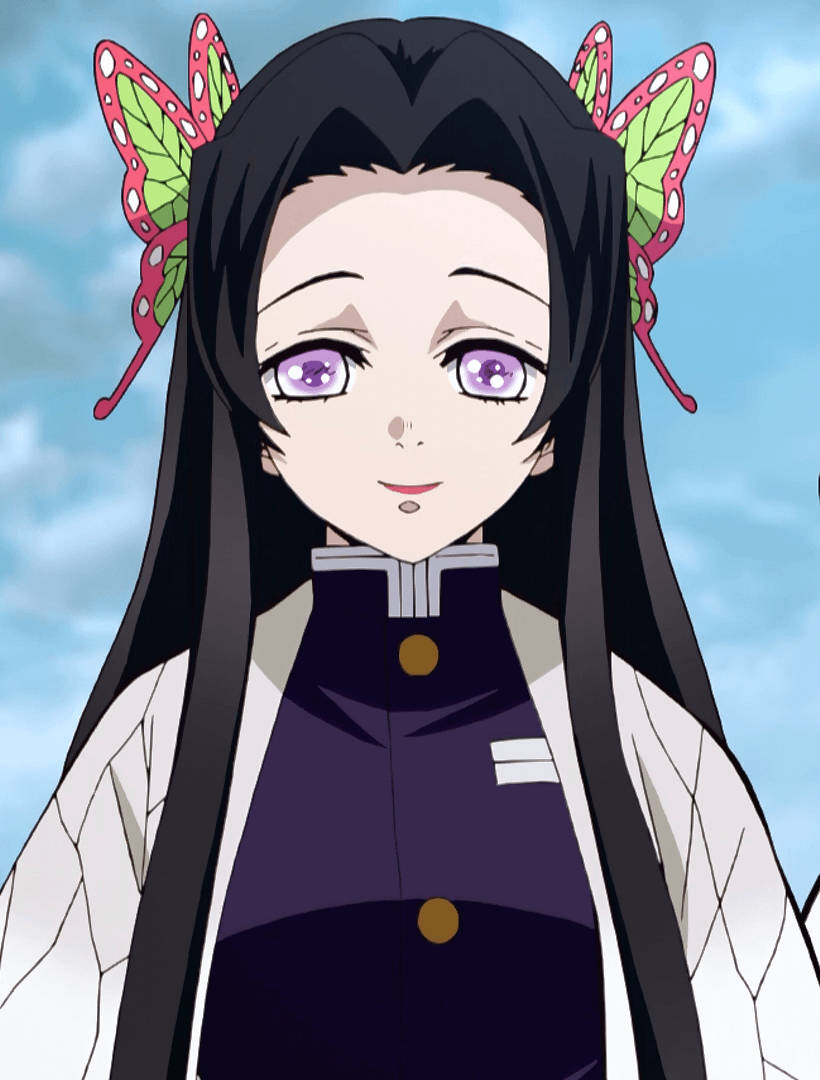 kanae kocho 桌布 壁紙 — 長黑髮紫眼動漫女孩，戴著蝴蝶髮夾，穿著深色制服，背景是藍天。