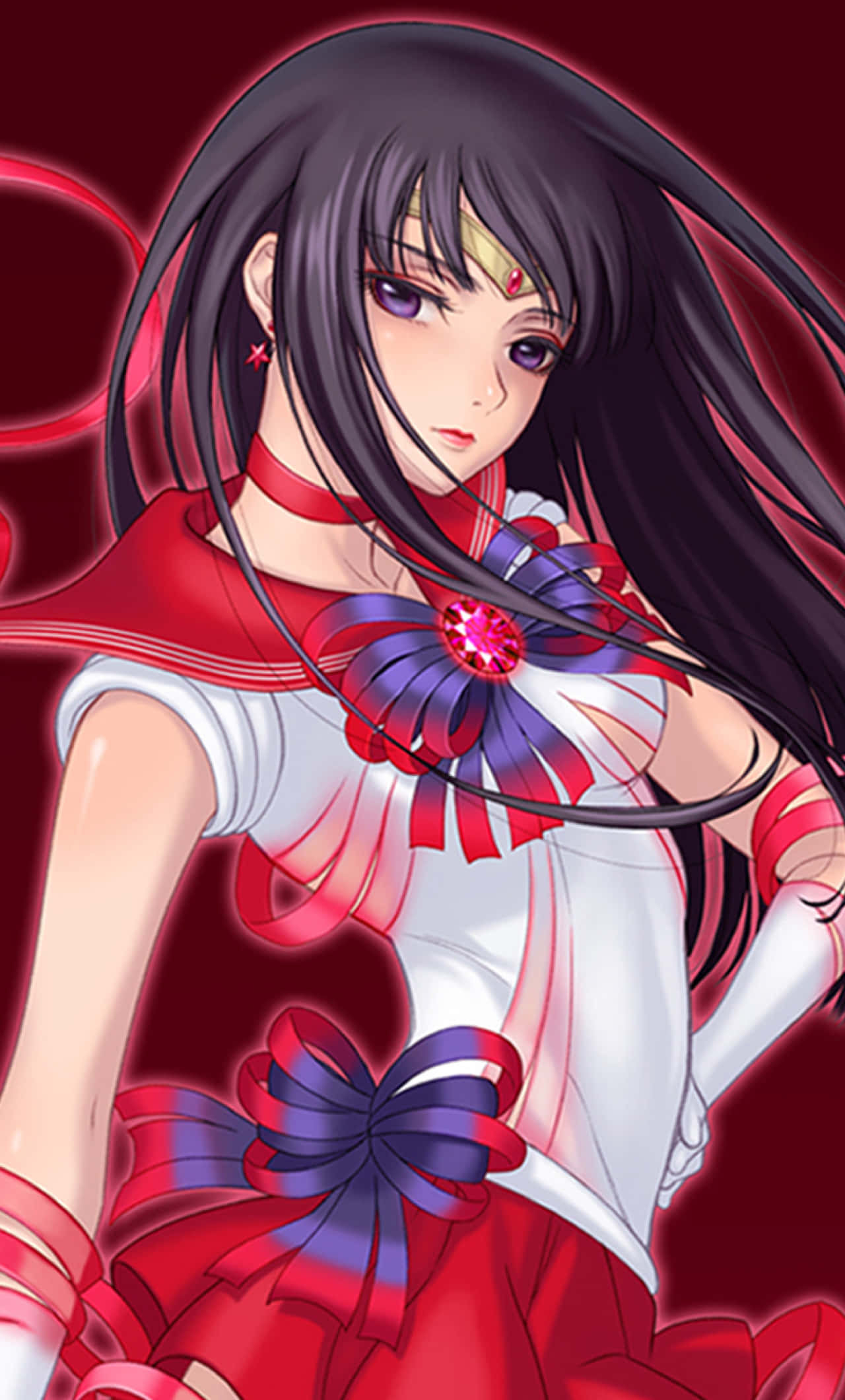 sailor mars 桌布 壁紙 — 長黑髮紫眼動漫女孩，身穿紅白水手服，配有大藍色蝴蝶結，背景為深紅色。