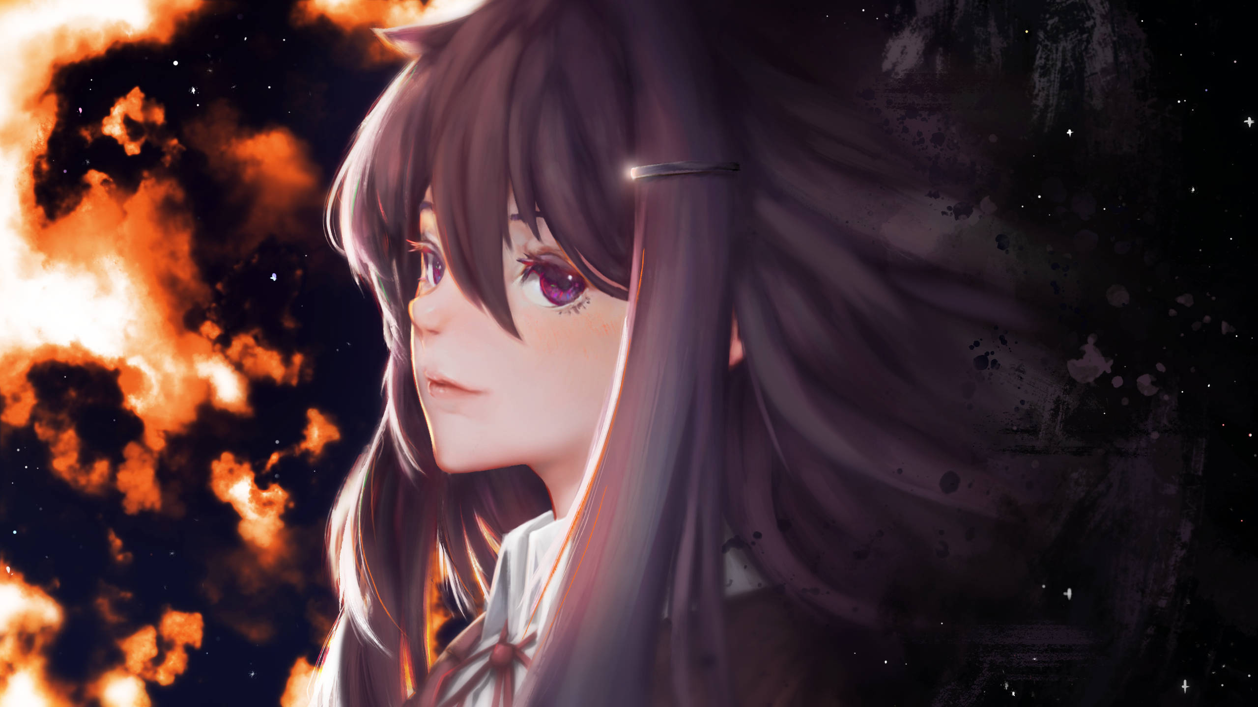 literature 桌布 壁紙 — 長黑髮紫眼動漫女孩在熾熱的星空宇宙背景下溫柔凝視。