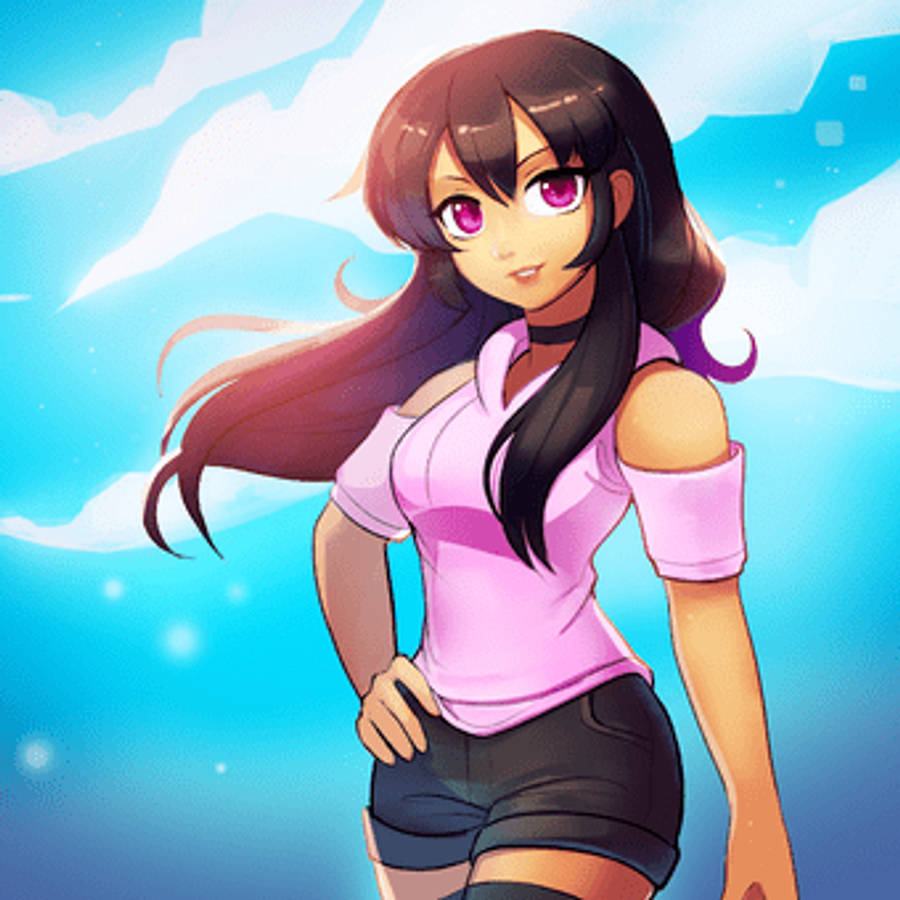 Aphmau 桌布 壁紙 — 長黑髮紫眼動漫女孩自信地站在有蓬鬆雲朵的明亮藍天下。