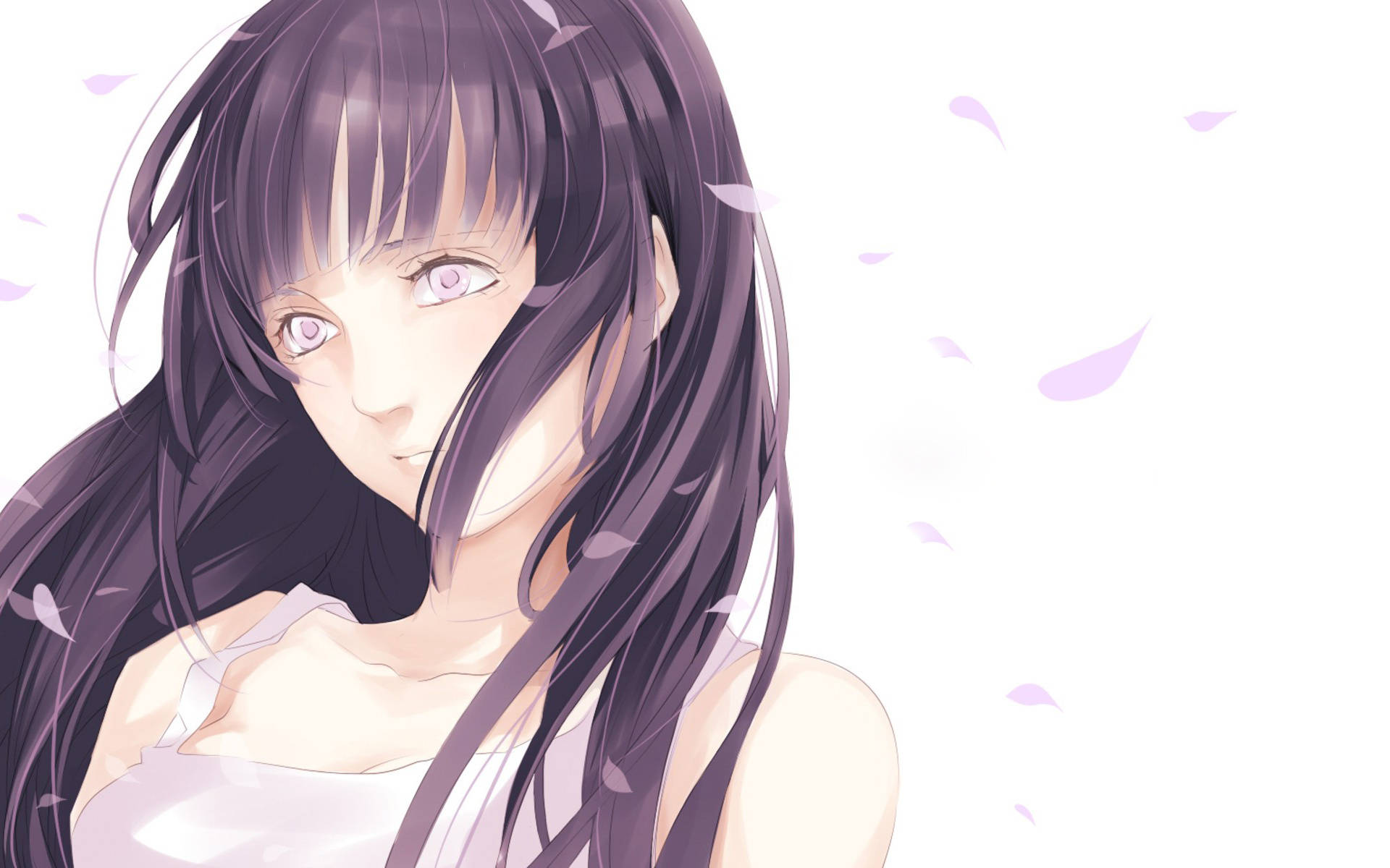 Hinata Hyuga 桌布 壁紙 — 長黑髮紫眼動漫少女在明亮白色背景上，薰衣草花瓣飄落，她溫柔凝視。