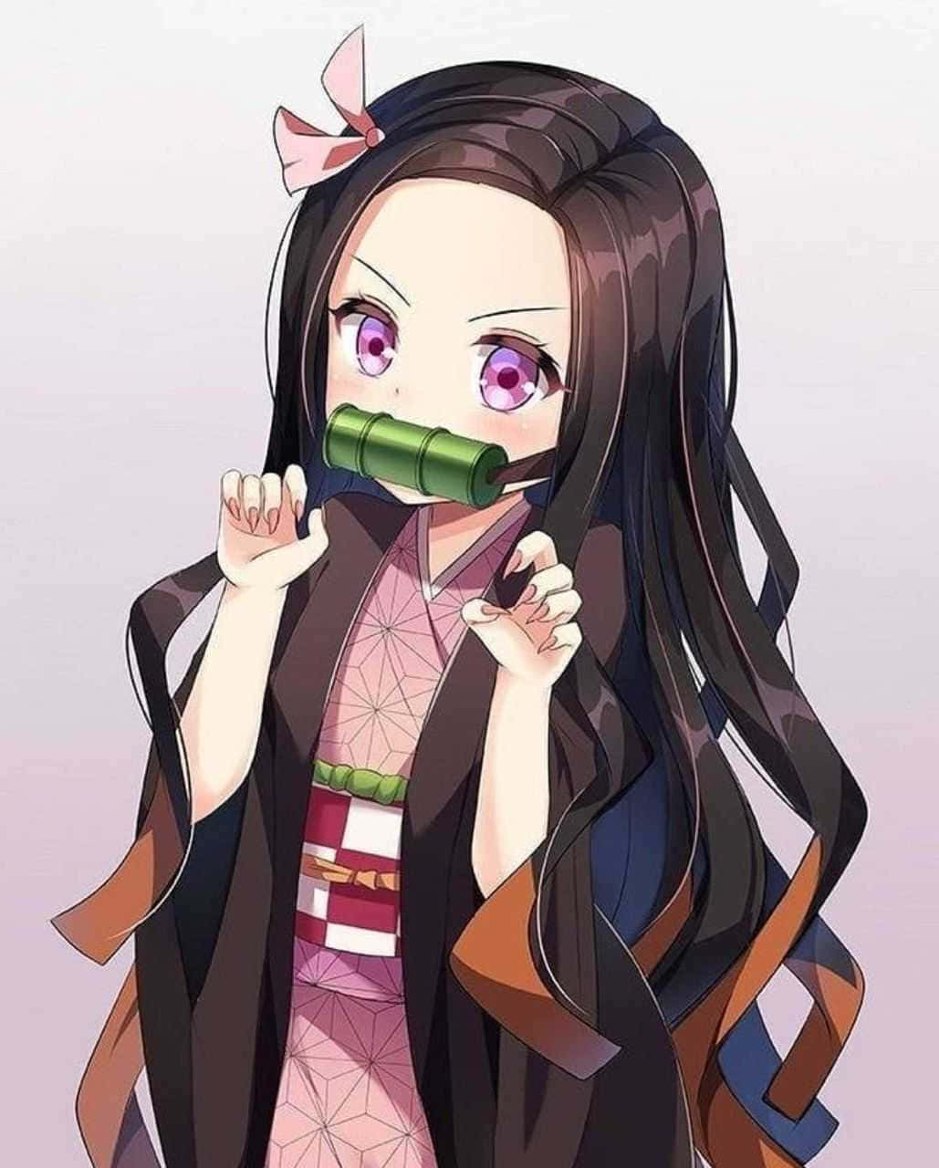 動漫女孩 桌布 壁紙 — 長黑髮紫眼動漫少女戴竹面具穿傳統和服，背景為柔和薰衣草色。