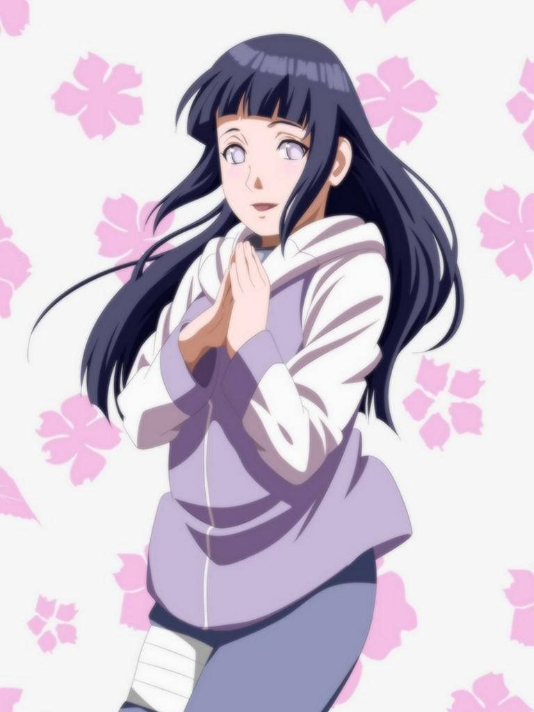 Hinata Hyuga 桌布 壁紙 — 長黑髮紫衣動漫少女在粉紅櫻花背景下合十祈禱。
