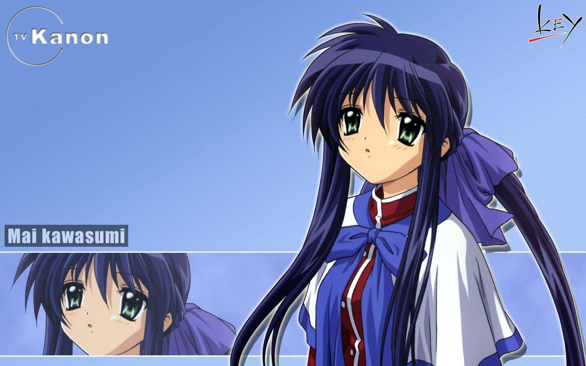 Kanon 桌布 壁紙 — 長黑髮綠眼動漫少女，身穿藍色校服，背景為柔和藍色。