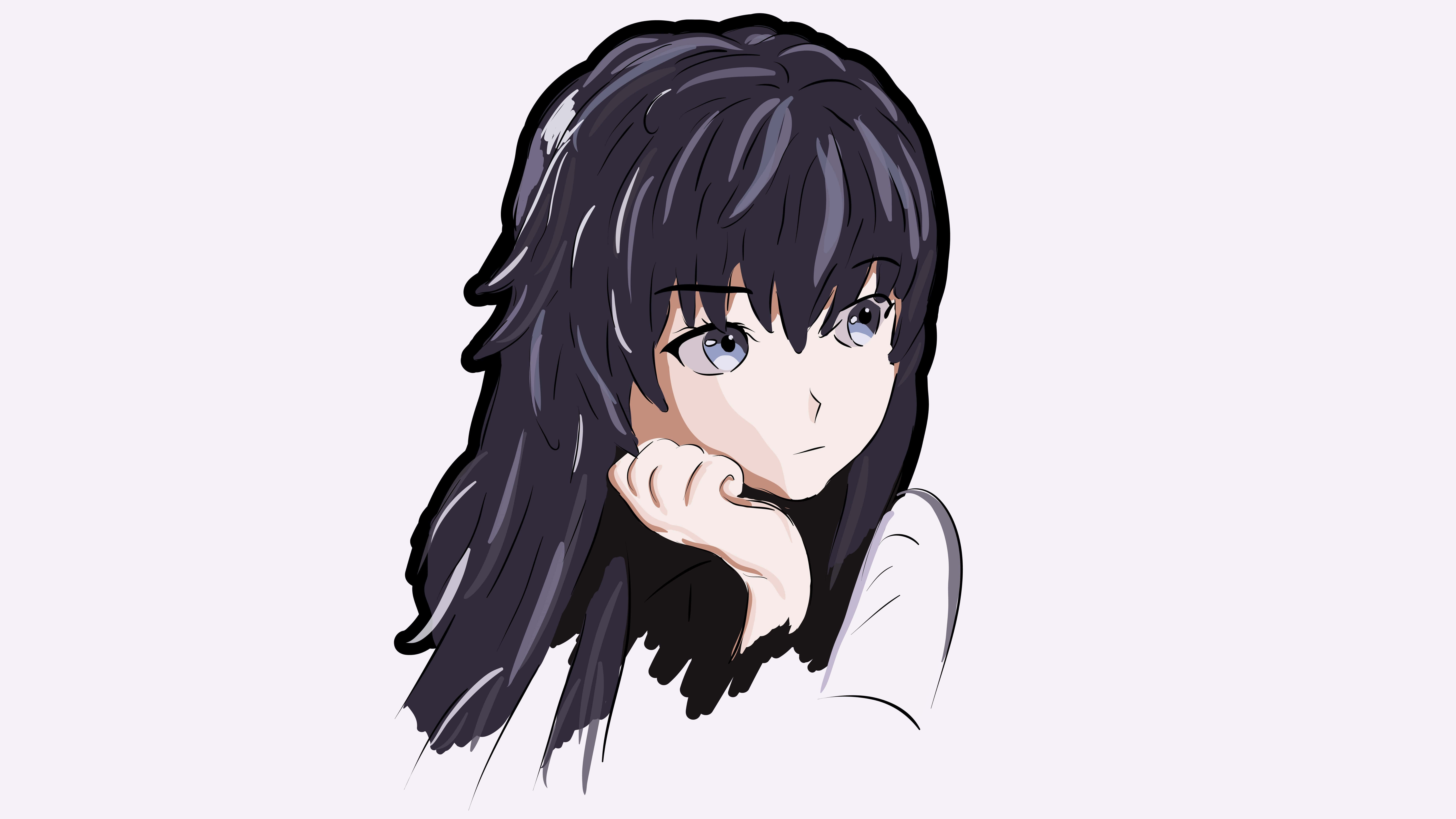 Anime Girl Black Hair 桌布 壁紙 — 長黑髮藍眼動漫女孩，在純色背景前用手托腮。
