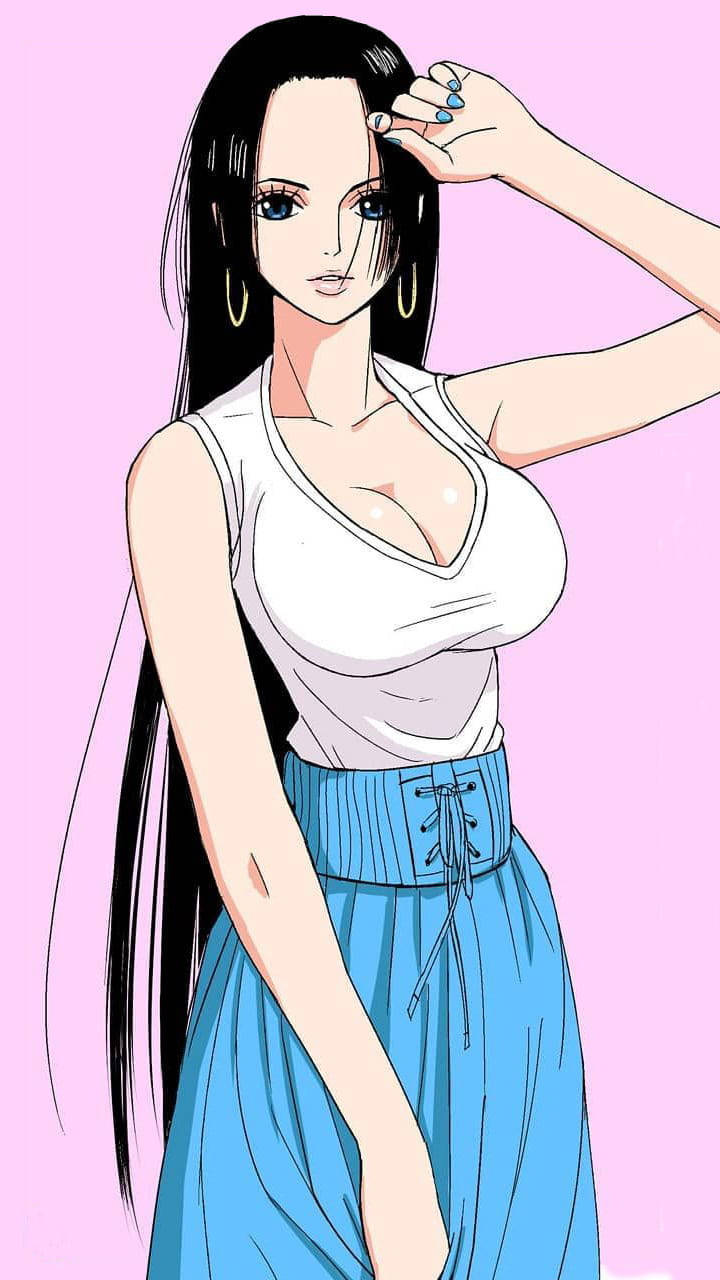 動漫女孩 桌布 壁紙 — 長黑髮藍眼動漫女孩，身穿白色上衣和藍色裙子，在粉紅色背景前自信地擺姿勢。