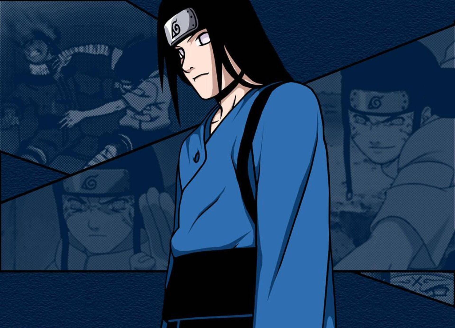 Neji 桌布 壁紙 — 長黑髮藍袍動漫角色站在深藍色裂紋背景中，還有其他忍者面孔。