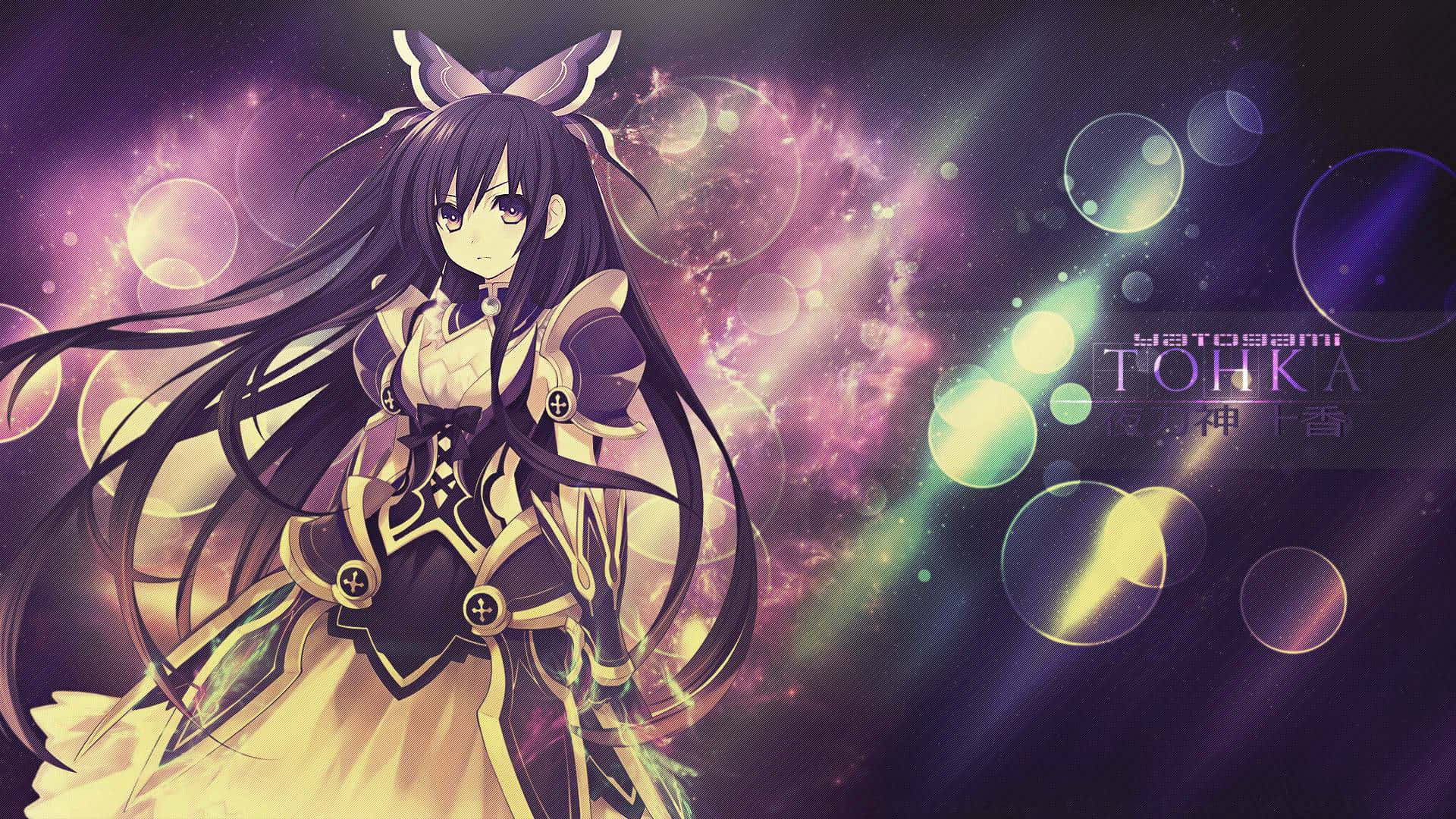 Date A Live 桌布 壁紙 — 長黑髮蝴蝶耳動漫少女站在帶有發光球體和光線的宇宙紫色背景中。