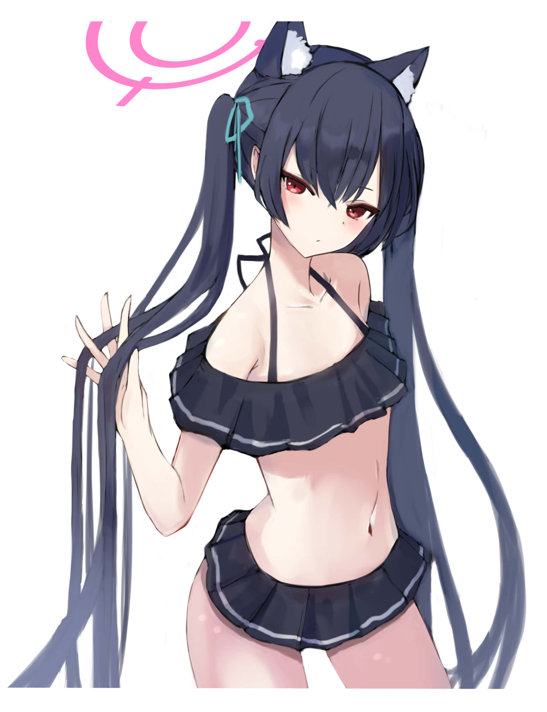 Kuromi Fanart 桌布 壁紙 — 長黑髮貓耳動漫少女，身穿黑色荷葉邊泳衣，背景為純白色。