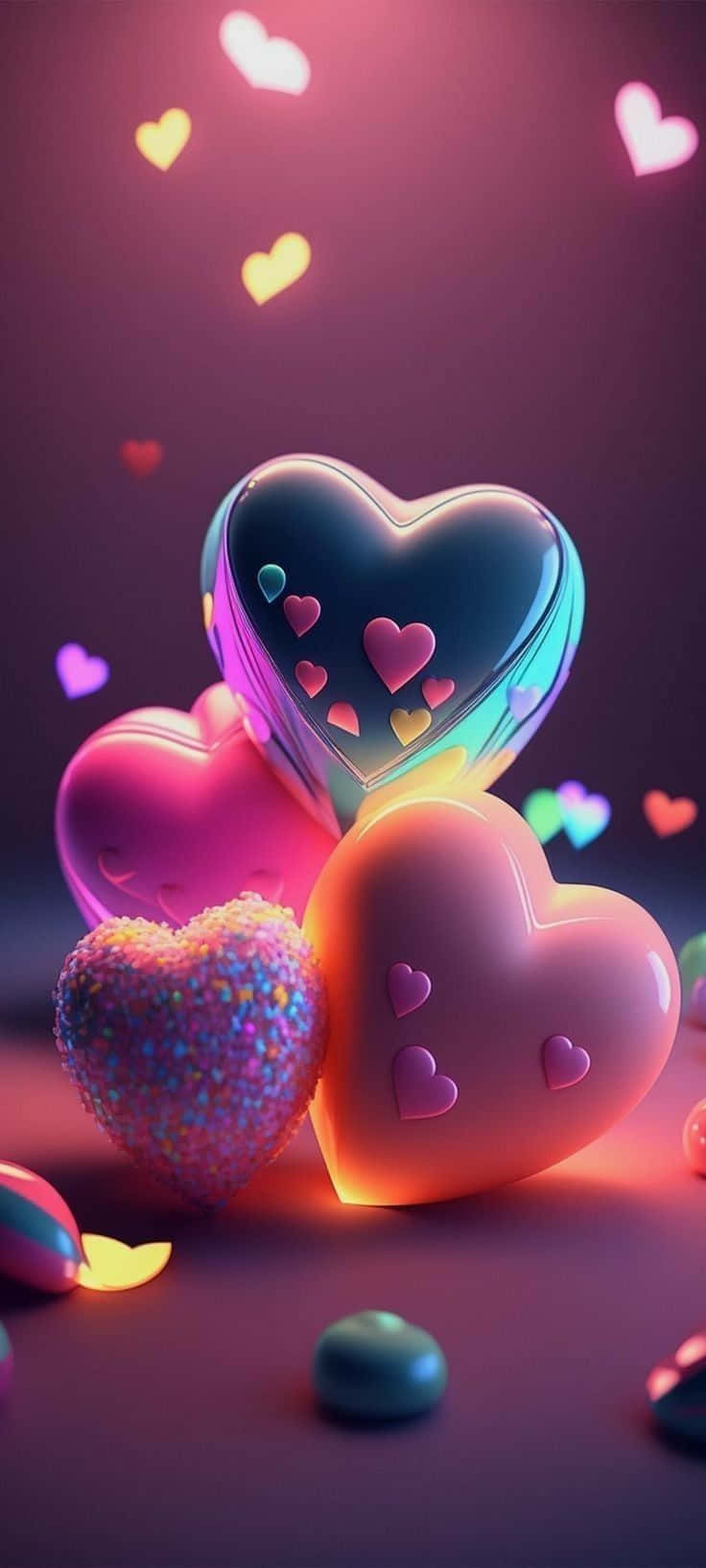 Beautiful Hearts 桌布 壁紙 — 閃亮多彩的心形在夢幻紫色背景上散發霓虹光芒，並有漂浮的心形閃爍。