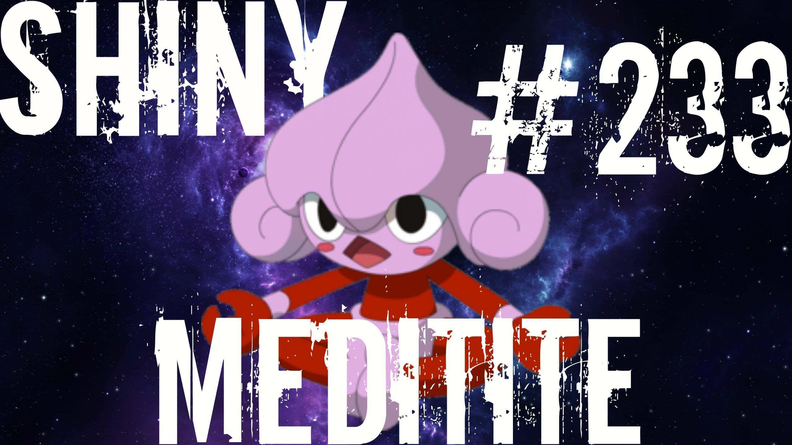 寶可夢 桌布 壁紙 — 閃亮的 Meditite 站在宇宙星空背景下，以粗體磨損文字宣告其身份。