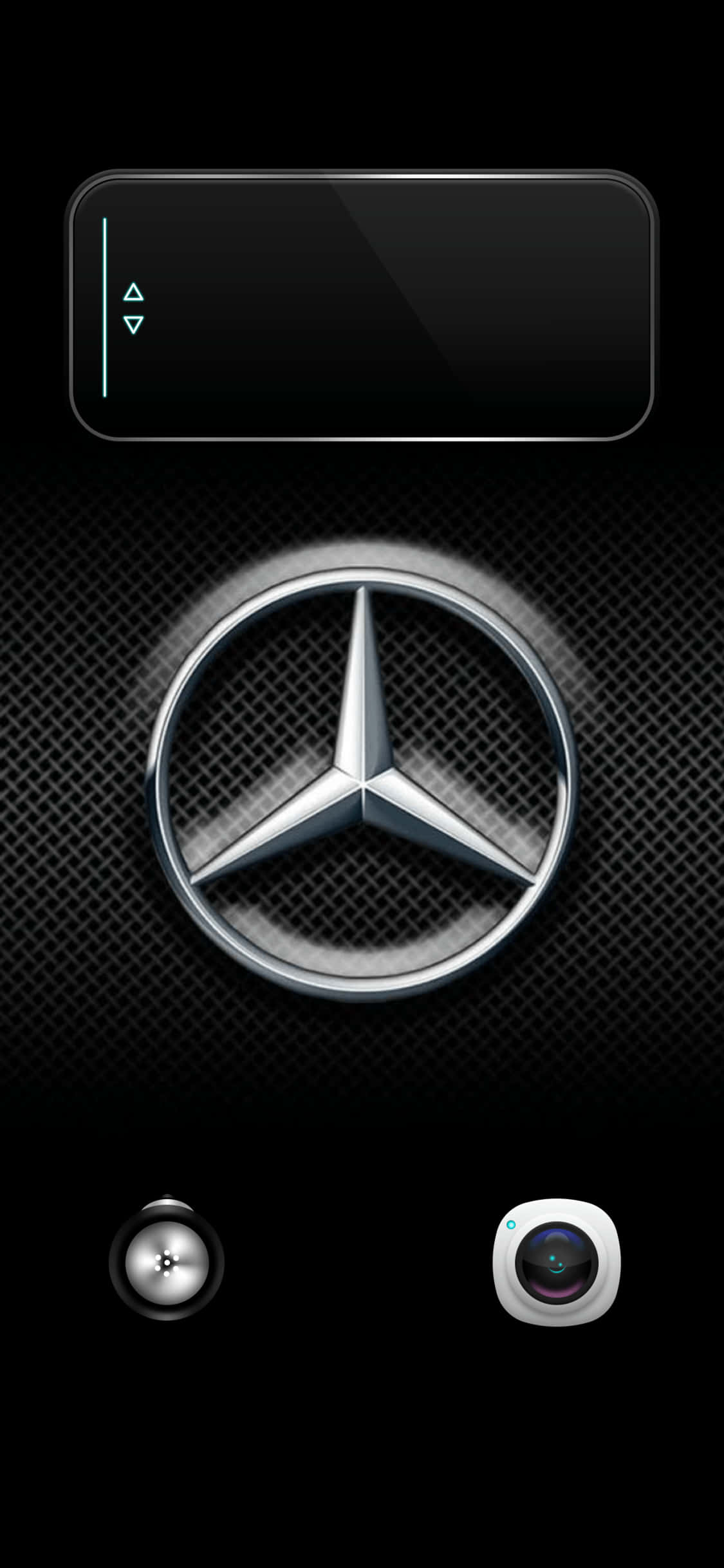 Mercedes 桌布 壁紙 — 閃亮的 Mercedes-Benz 標誌居中於帶紋理的黑色背景上，並包含電話介面元素。