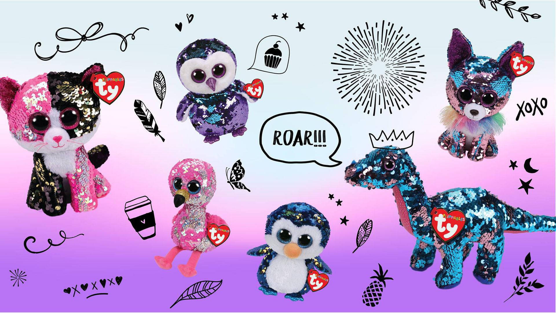 Beanie 桌布 壁紙 — 閃亮的 Ty Beanie Boo 毛絨玩具，粉紅、紫色和藍色，帶有塗鴉點綴，背景為漸變色。