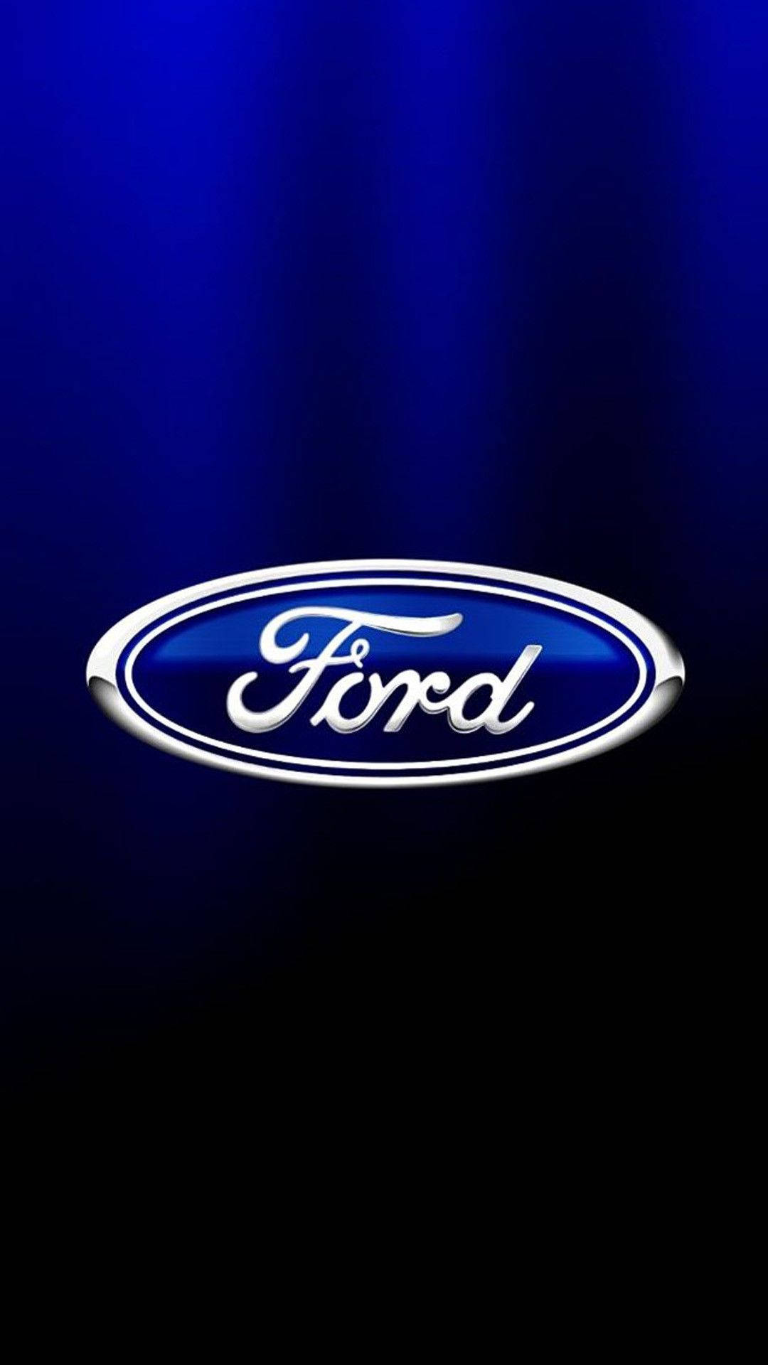 ford iPhone 桌布 壁紙 — 閃亮的Ford標誌居中於藍色到黑色的漸變背景上，光線從上方射出。