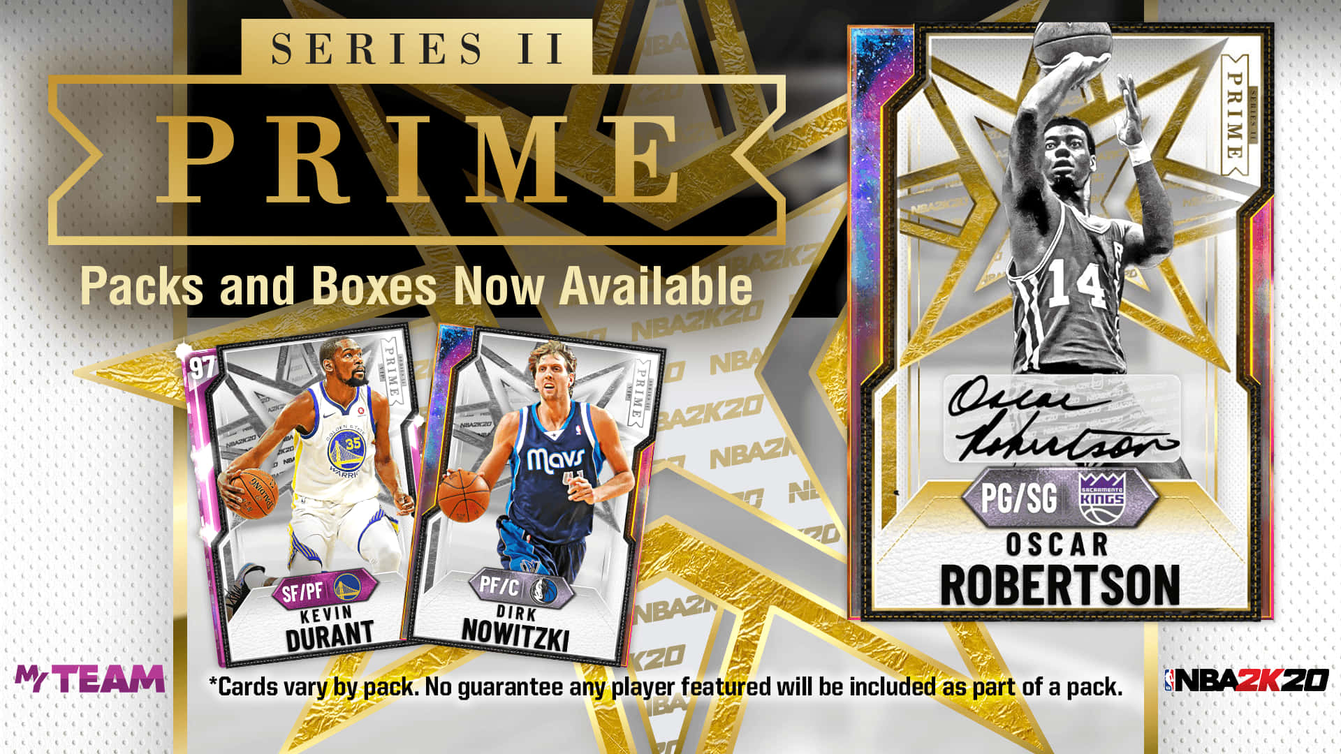 NBA 桌布 壁紙 — 閃亮的NBA 2K20 Prime籃球交易卡， featuring Oscar Robertson、Kevin Durant和Dirk Nowitzki，背景為金色和黑色的星爆圖案。
