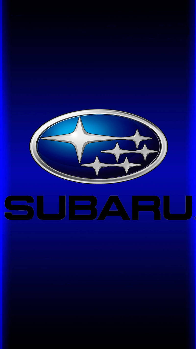 Subaru Logo 桌布 壁紙 — 閃亮的Subaru標誌，帶有五顆星，位於漸變藍色背景上，帶有發光的垂直邊緣。