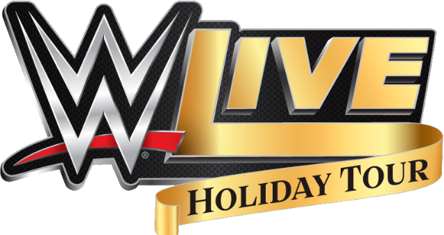 節日 桌布 壁紙 — 閃亮的WWE Live Holiday Tour標誌，帶有金屬銀色和金色字體，背景為黑色碳纖維。
