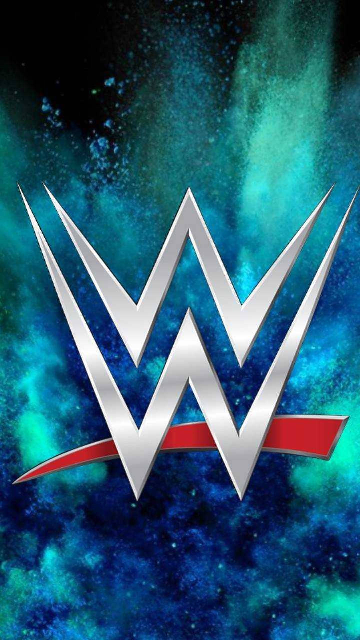 WWE 桌布 壁紙 — 閃亮的WWE標誌置中於宇宙藍色和青綠色的星雲背景上，帶有閃爍的粒子。