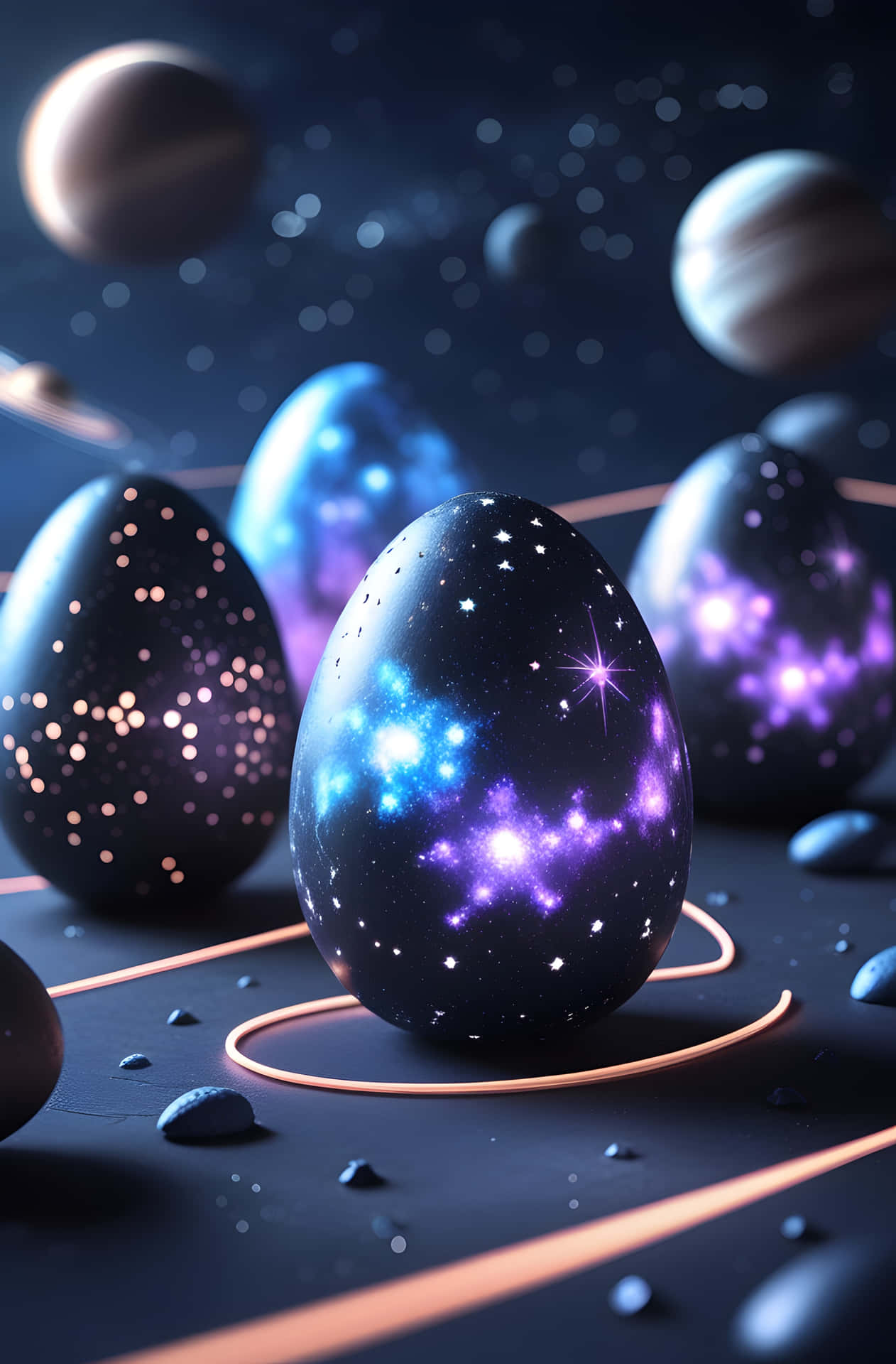 Nebula Starry Eggs 壁紙 — 閃亮的宇宙蛋，帶有旋轉的星系和星星，放置在黑暗的表面上，周圍環繞著漂浮的行星和發光的環。