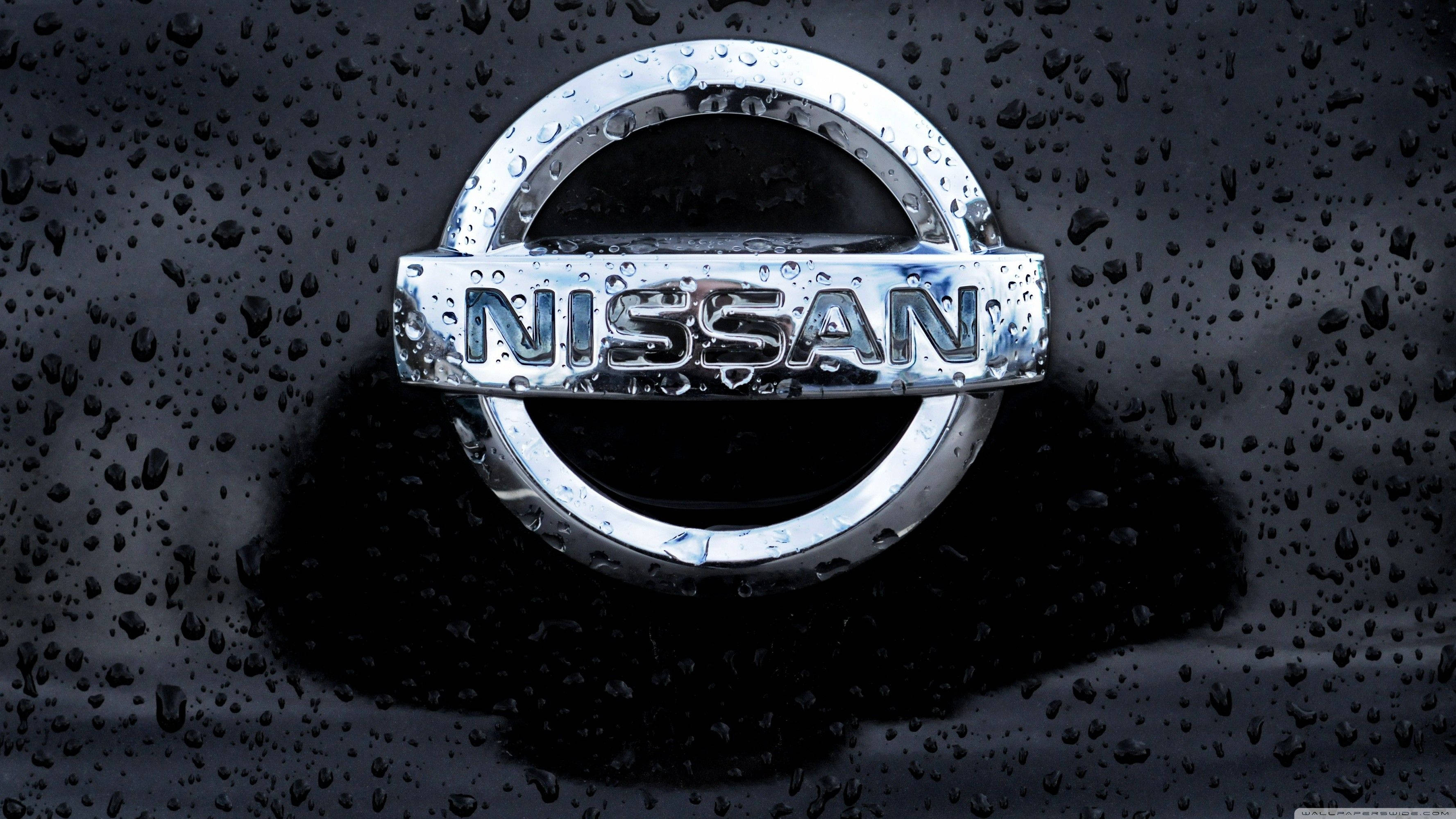 日產 桌布 壁紙 — 閃亮的日產標誌在濕透的黑色引擎蓋上，雨滴反射光線。