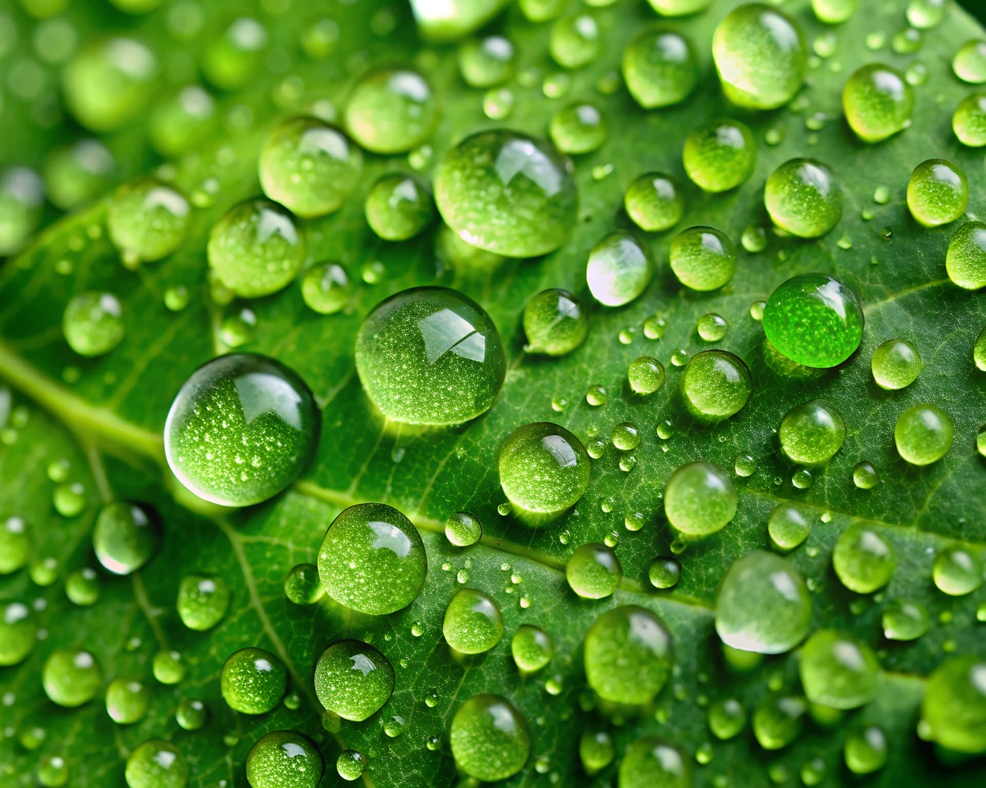 Leaf full of water drops 壁紙 — 閃亮的水珠在充滿活力的綠色葉面上凝結，清晰地反射光線。
