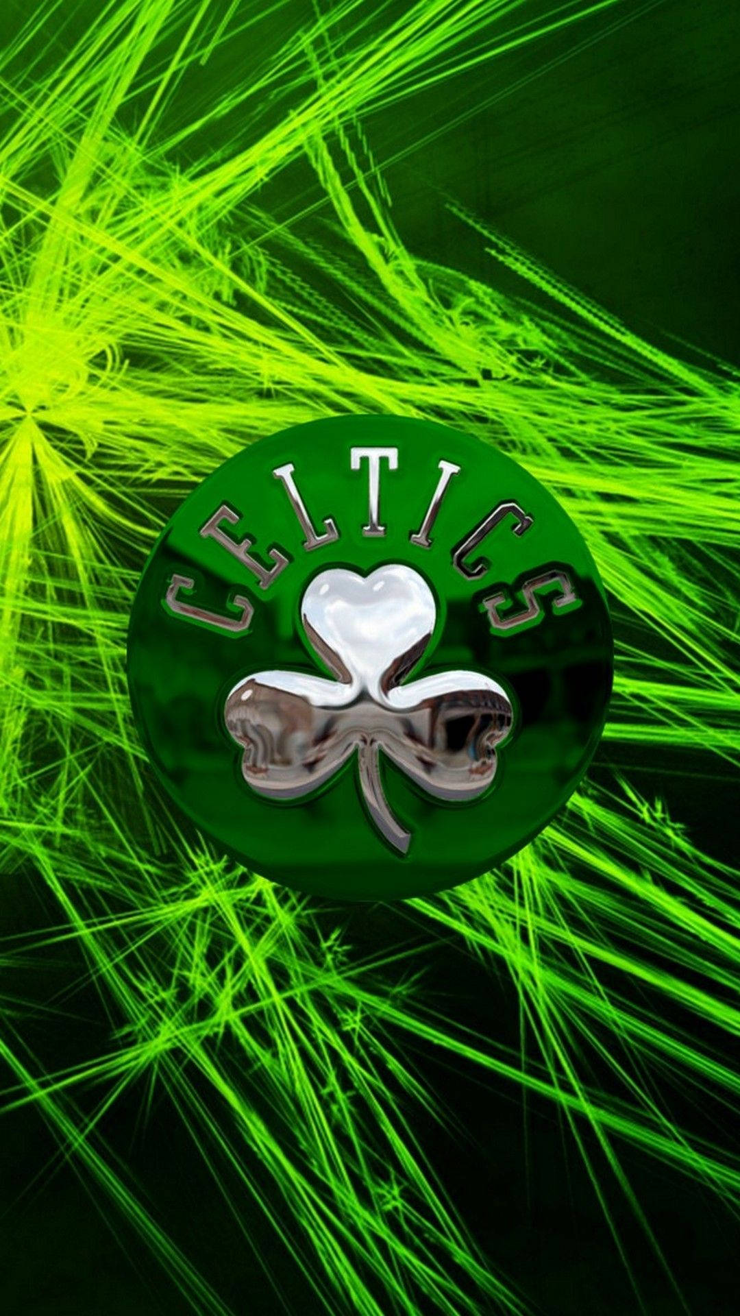 Celtics 桌布 壁紙 — 閃亮的波士頓塞爾提克隊標誌，居中於動態綠色霓虹燈爆發背景上。