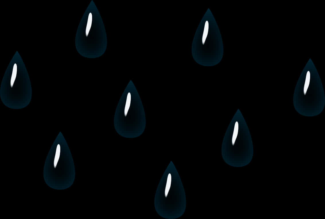 Raindrops 桌布 壁紙 — 閃亮的深藍色雨滴落在純黑色背景上，帶有明亮的白色高光。