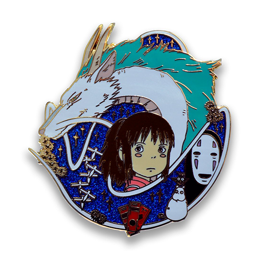 神隱少女 桌布 壁紙 — 閃亮的琺瑯別針，上面有白色龍、女孩、鬼魂和小生物，背景是星空藍色。
