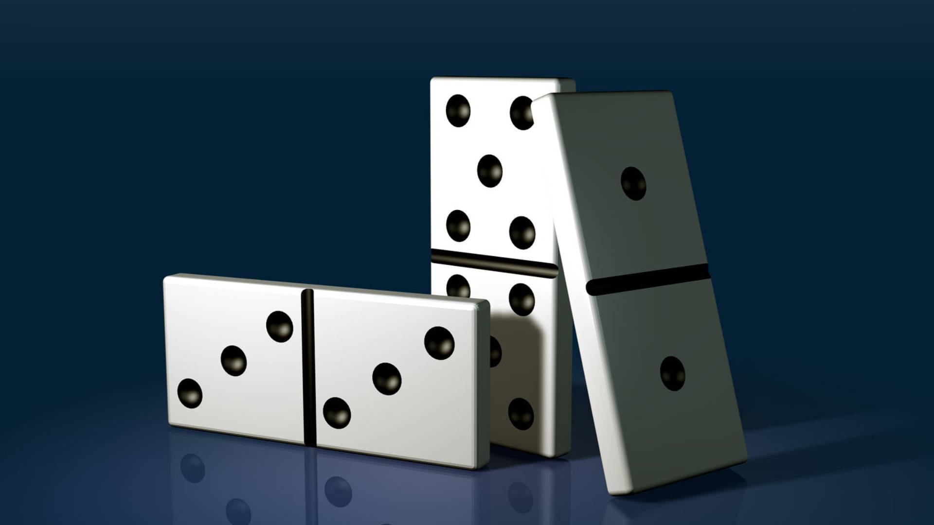 dominos 桌布 壁紙 — 閃亮的白色骨牌在深藍色反光表面上連鎖倒下。