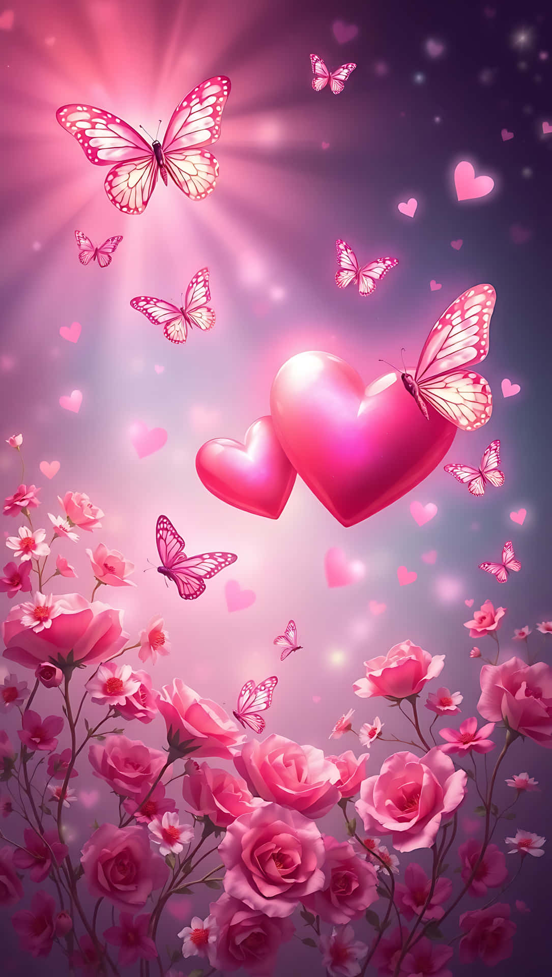 Hearts and Butterflies in Love smartphone wallpaper 壁紙 — 閃亮的粉紅色心形和蝴蝶在盛開的玫瑰花田上空飛舞，下方是發光的紫色天空。
