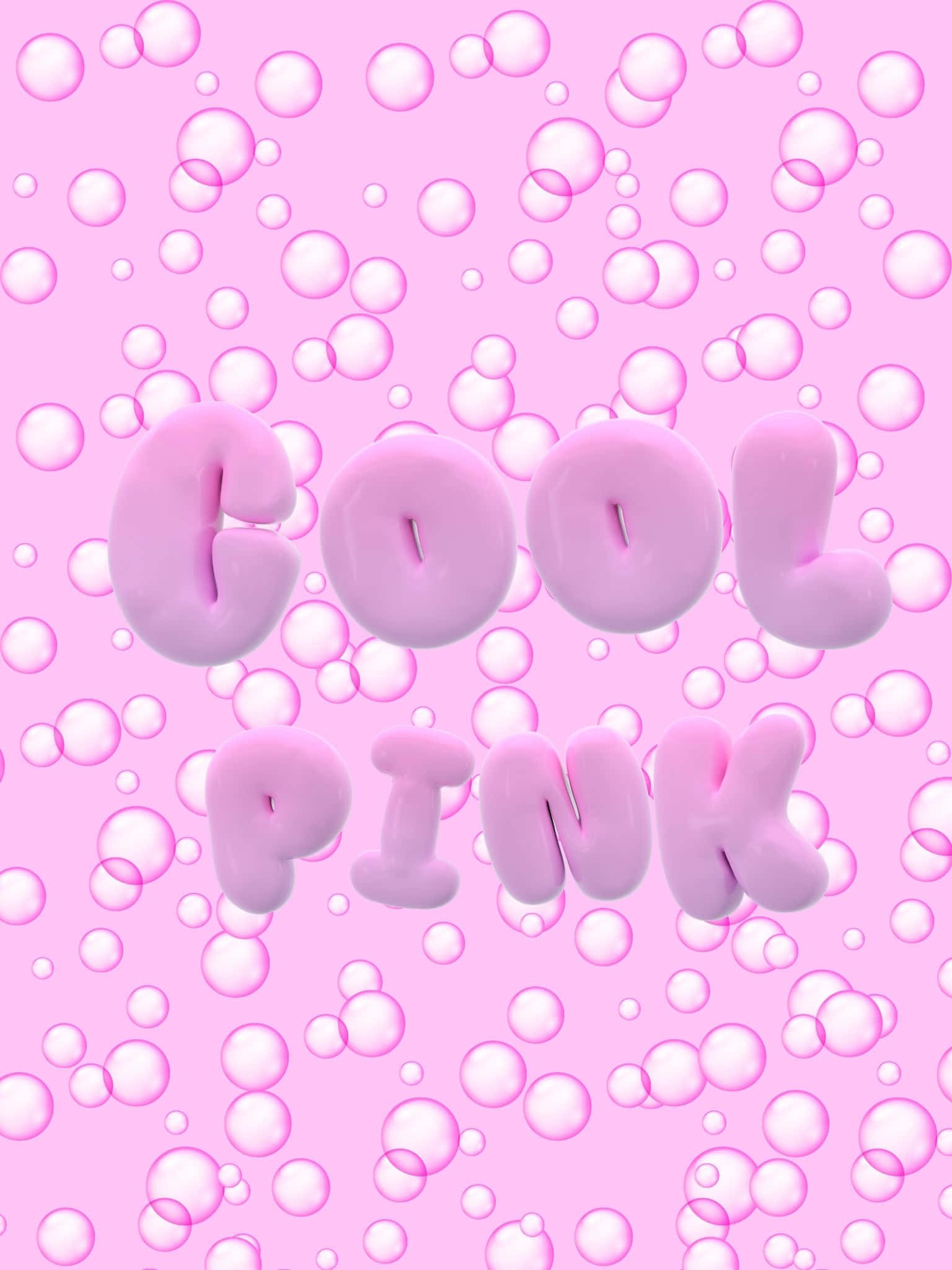 酷 桌布 壁紙 — 閃亮的粉紅色泡泡字母拼出 cool pink，漂浮在柔軟粉紅色背景上的半透明粉紅色泡泡場中。