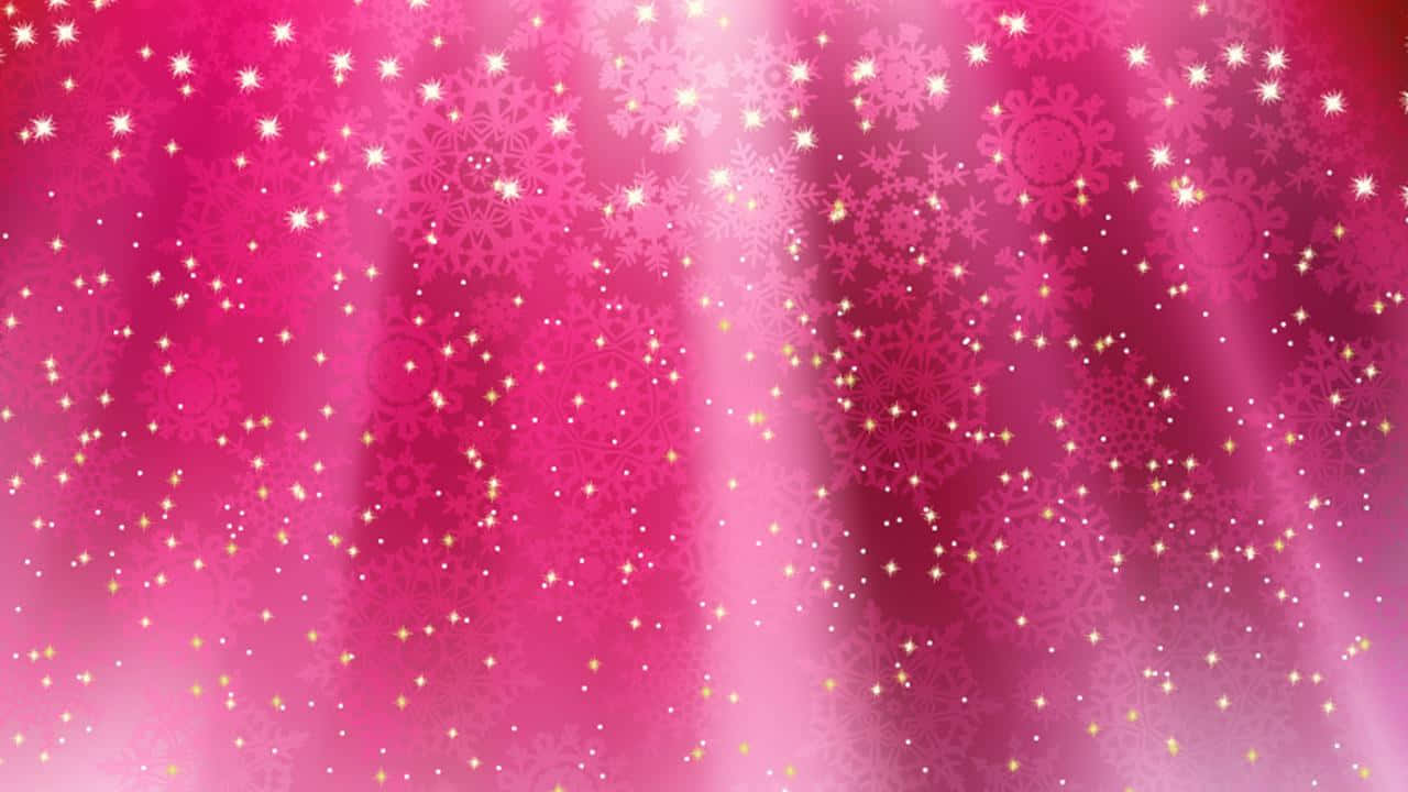 閃爍 桌布 壁紙 — 閃亮的粉紅色背景，帶有發光的雪花和閃爍的燈光，營造出節日魔法般的氛圍。