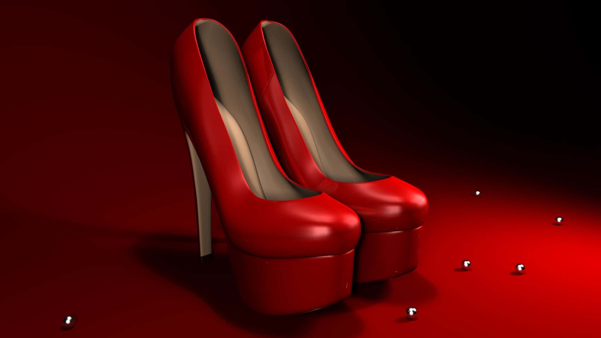 Red High Heels 桌布 壁紙 — 閃亮的紅色厚底高跟鞋，搭配銀色細高跟，立於相配的紅色地板上，散落著反光的銀色珠子。