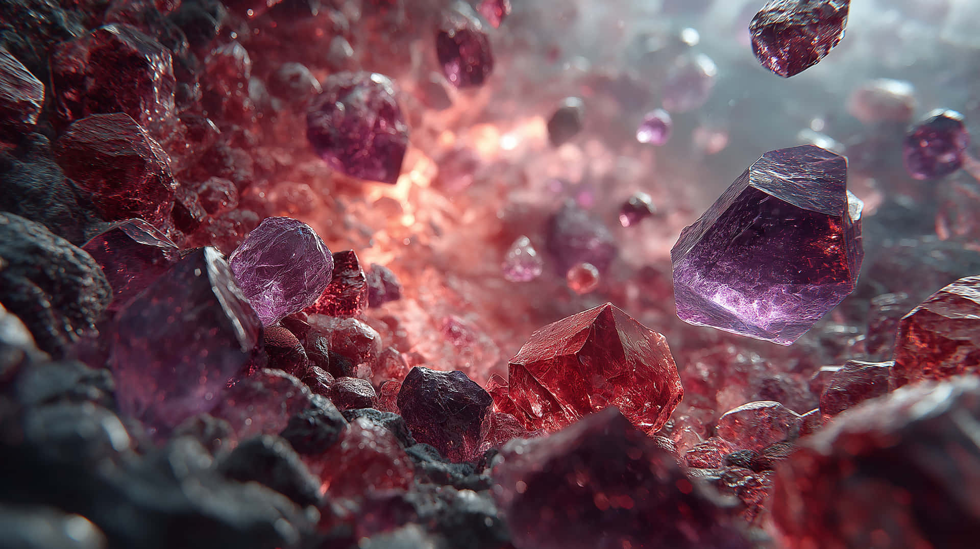 Abstract Landscape of Floating Crystals and Volcanic Terrain 壁紙 — 閃亮的紅色和紫色寶石漂浮並聚集在宇宙塵雲中，背後有光芒四射的光線。