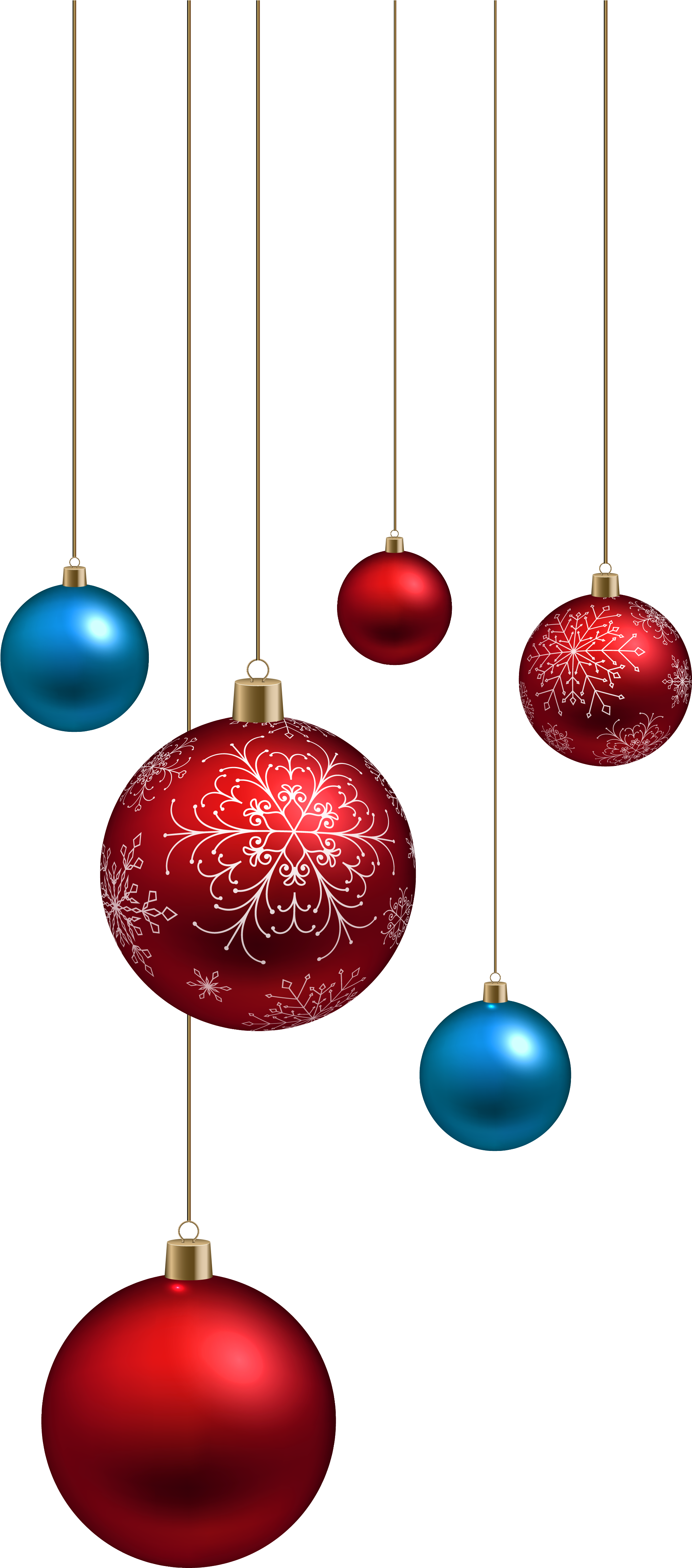 Christmas Ornament 桌布 壁紙 — 閃亮的紅色和藍色聖誕裝飾品帶有白色雪花圖案，懸掛在純黑色背景前。
