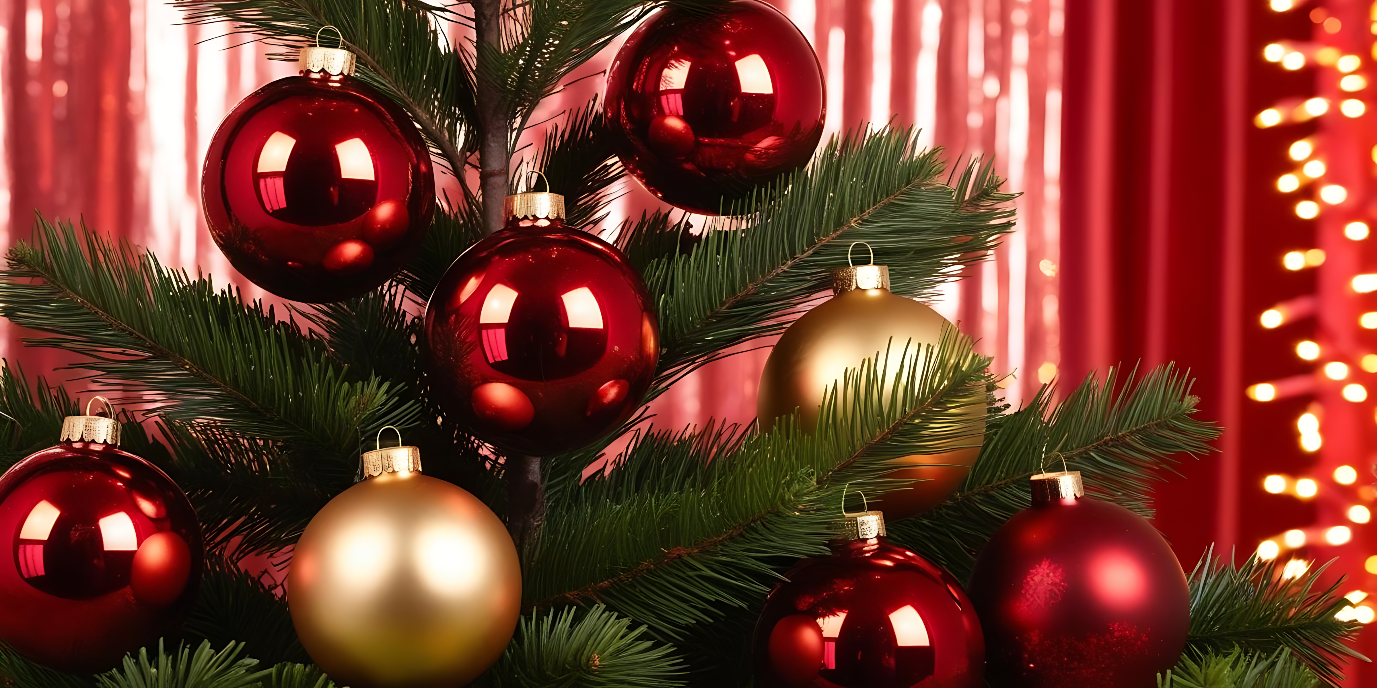 Ornaments 桌布 壁紙 — 閃亮的紅色和金色裝飾品掛在茂密的綠色松樹上，以節日的紅色窗簾和串燈為背景。