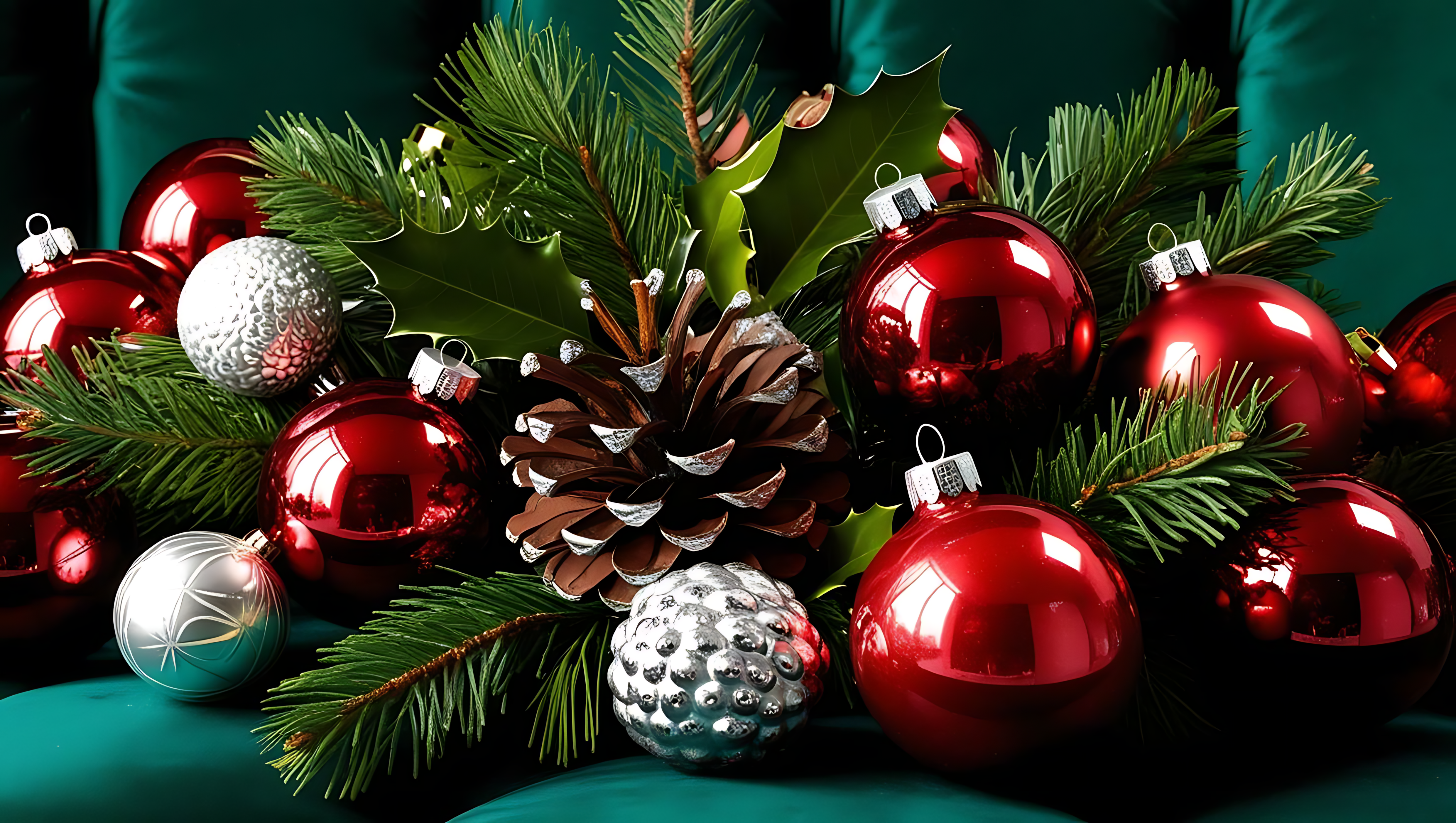 Festive 桌布 壁紙 — 閃亮的紅色和銀色聖誕裝飾品、松果和冬青放在青綠色布料背景上。