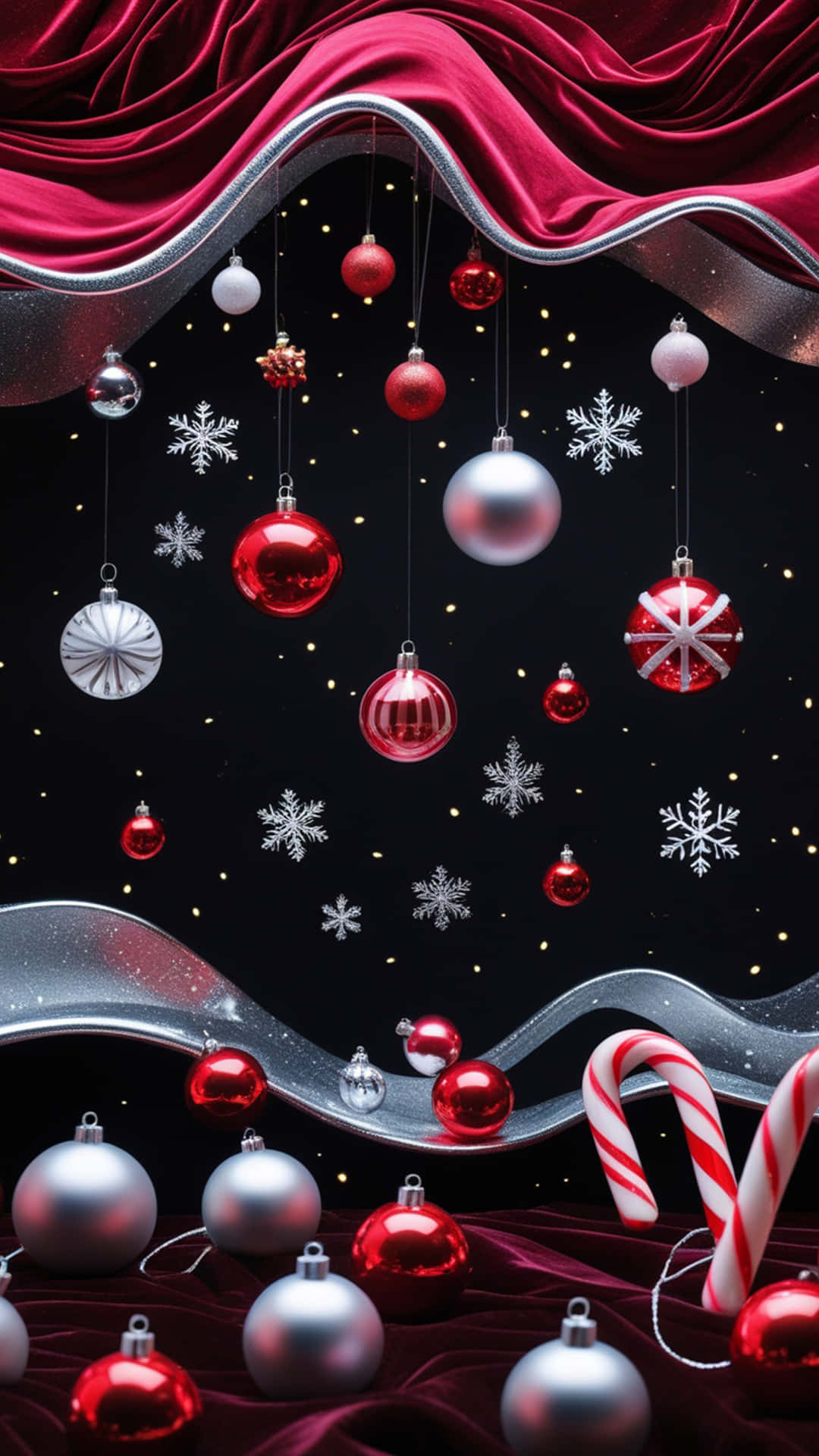 Christmas Wallpaper 壁紙 — 閃亮的紅色和銀色裝飾品、雪花和拐杖糖從流動的天鵝絨絲帶上垂下來，背景是星光閃爍的黑色。