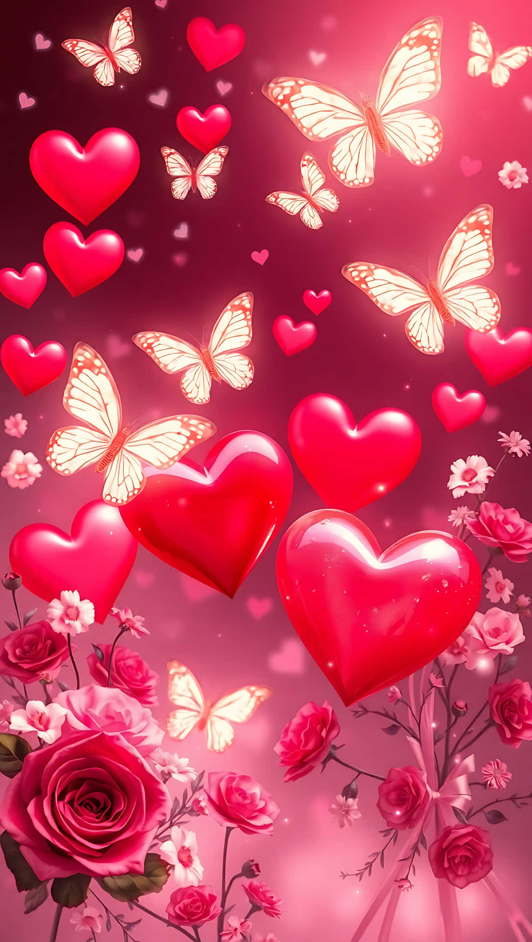 Hearts and Butterflies in Love smartphone wallpaper 壁紙 — 閃亮的紅色心形和發光的蝴蝶在粉紅玫瑰間飛舞，背景是耀眼的洋紅色。