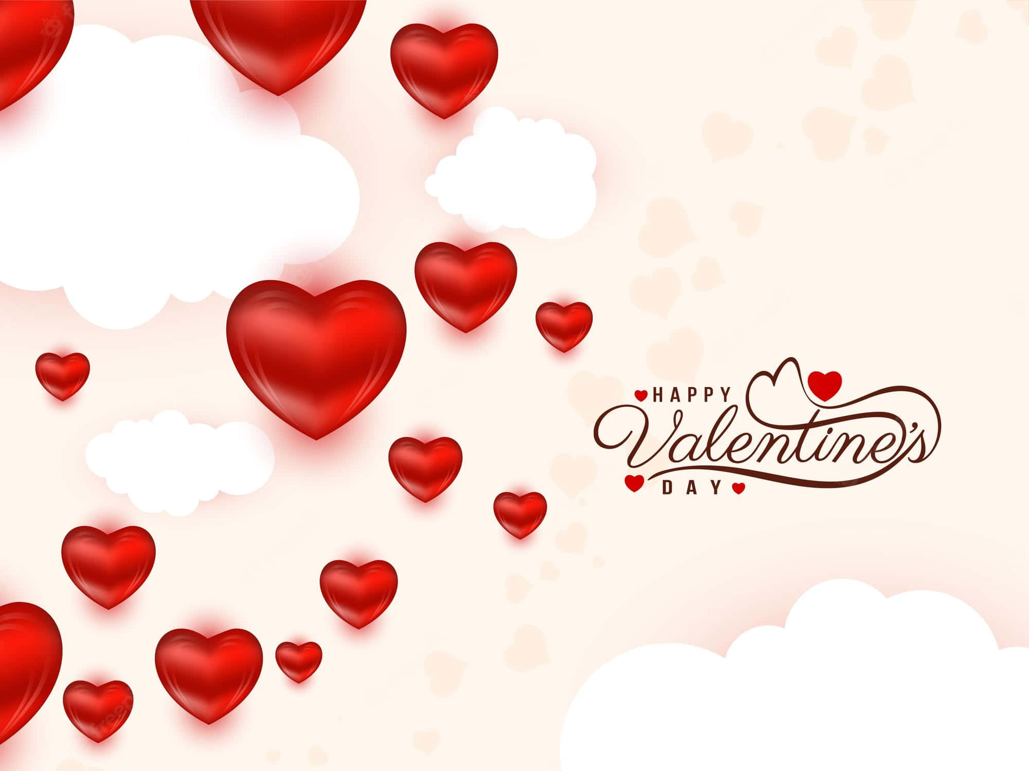 Cute Happy Valentine Day 桌布 壁紙 — 閃亮的紅色心形在 fluffy 白色雲朵中漂浮，背景是柔和粉紅色的天空，並有 'Happy Valentine's Day' 字樣。