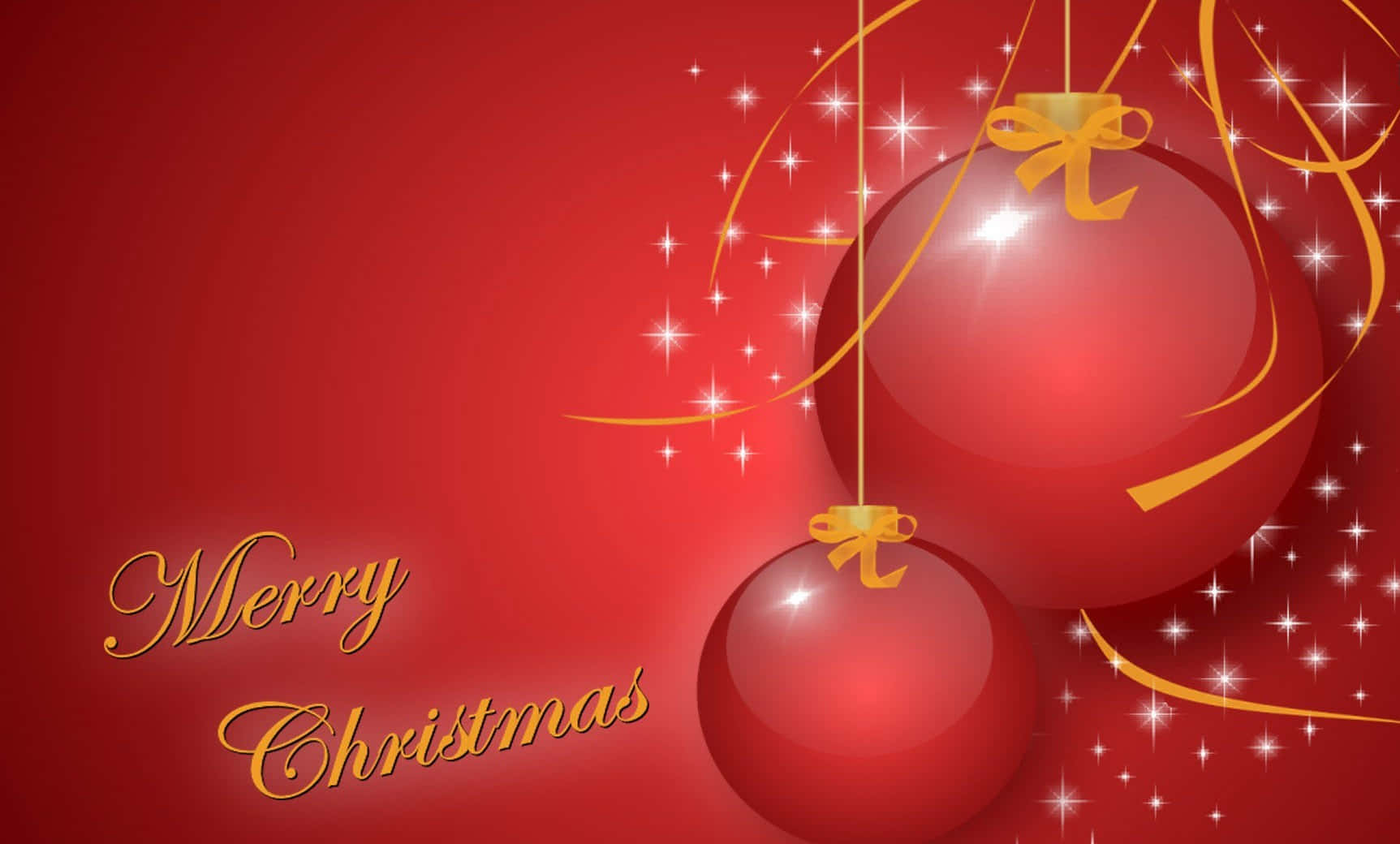 Red Aesthetic Christmas 桌布 壁紙 — 閃亮的紅色聖誕裝飾品，配有金色蝴蝶結和閃爍的星星，漂浮在帶有優雅草書文字的濃郁紅色背景上。